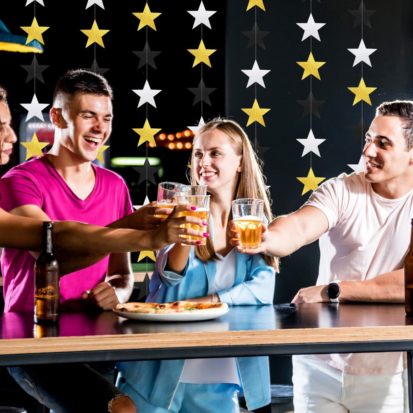 Patelai Glitter Star Garland Banner Decor, 130 Feet Bright Star Hanging Bunting Banner Backdrop for 2024 New Year Graduation Wedding Birthday Party Decor(Silver Gold Black)