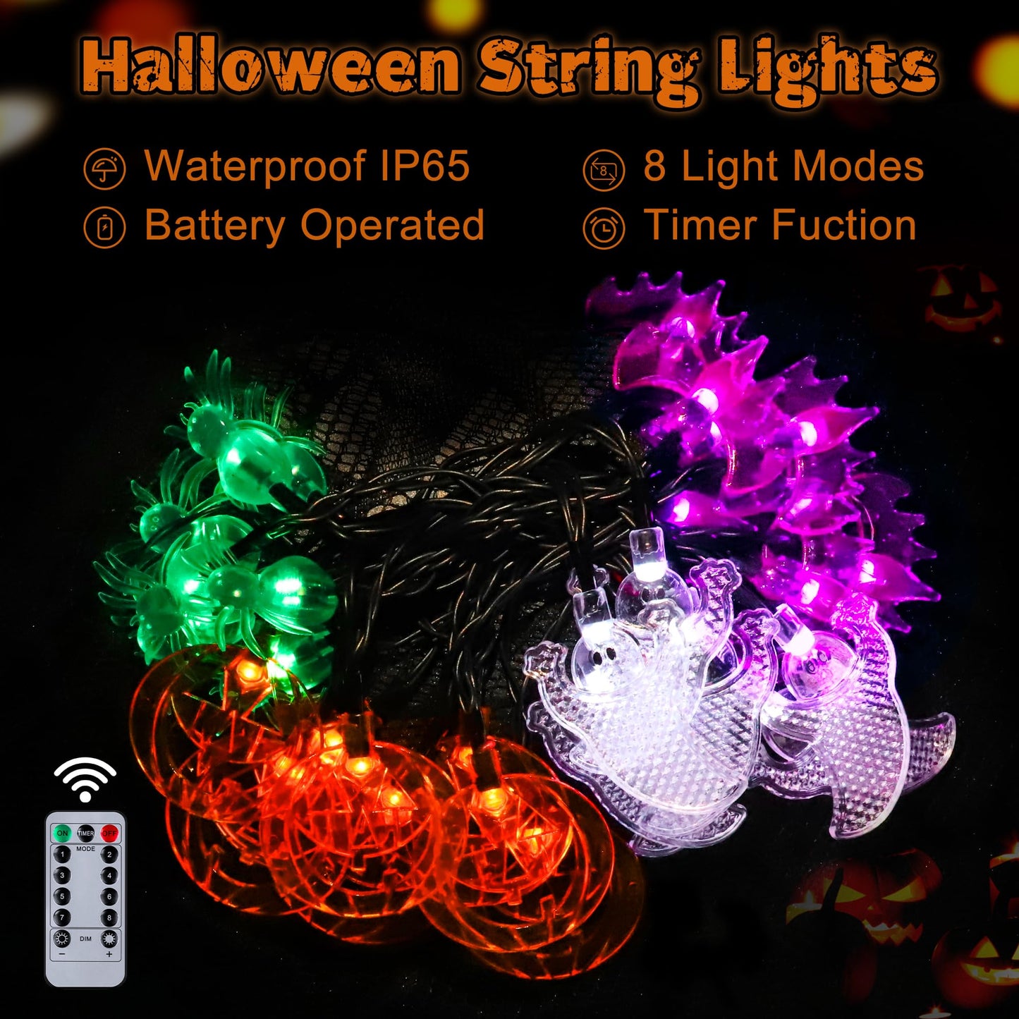 [Timer] 2 Pack Halloween Lights Total 23Ft 60 LED Pumpkin Bat Spider Ghost Halloween String Lights Battery Operated, 8 Modes Waterproof Indoor Outdoor Halloween Decorations Lights Home Window Decor