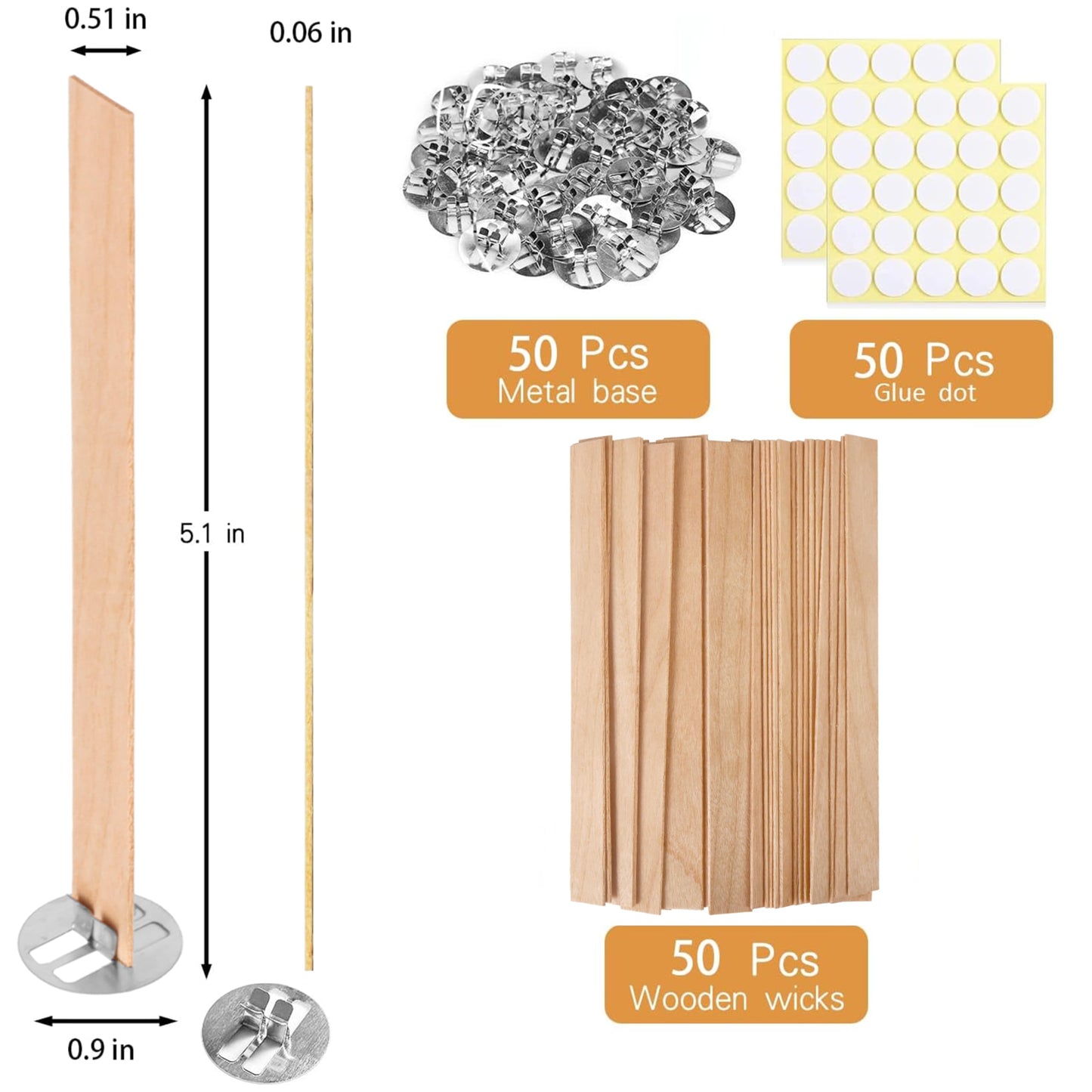 Visgaler 150 Pcs Thickned Wooden Candle Wicks. 5.1 X 0.5 X 0.06 Inch Upgrade Crackling Wooden Wicks, Long Lasting Smokeless Wood Wicks with Iron Standers, Wick Stickers, and Warning Labels- 50 Sets