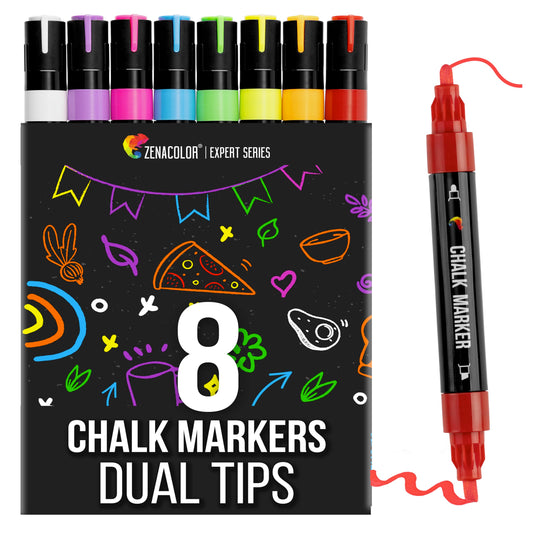 Zenacolor Liquid Chalk Markers - Dual Tips, 8 Vibrant Colors, Non-Toxic, Quick-Drying, Erasable for Blackboard, Windows, Glass, Cars - 24 Labels Included