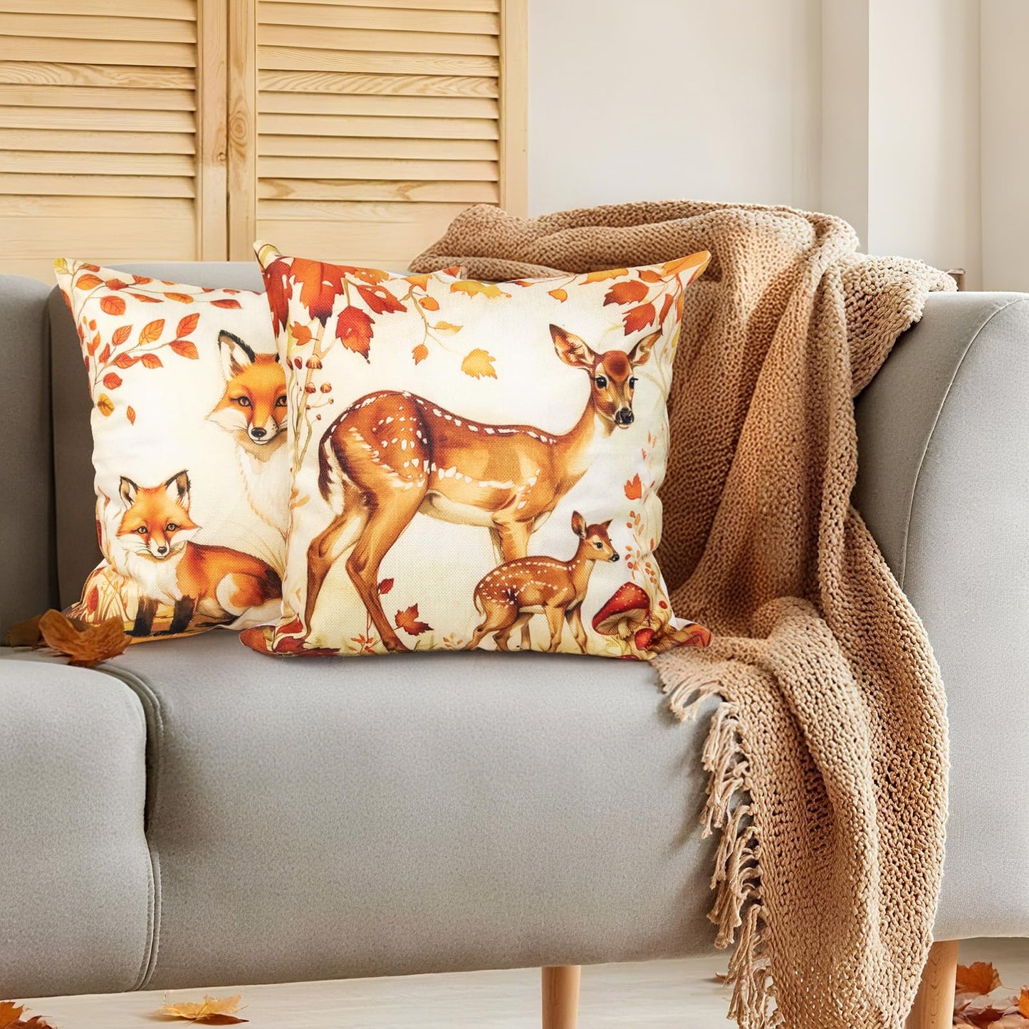 Animal Family Theme Fall Pillow Covers 18x18 Inch Set of 4, Burnt Orange Rust Decorative Autumn Thanksgiving Harvest Home Decor for Sofa Couch Living Room