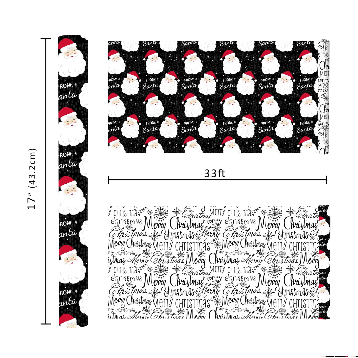 Black Santa Christmas Wrapping Paper, Reversible Holiday Gift Wrap with Classic From Santa & Merry Christmas Design for Kids, Season Party, Xmas Presents, 17 Inch X 33 Feet
