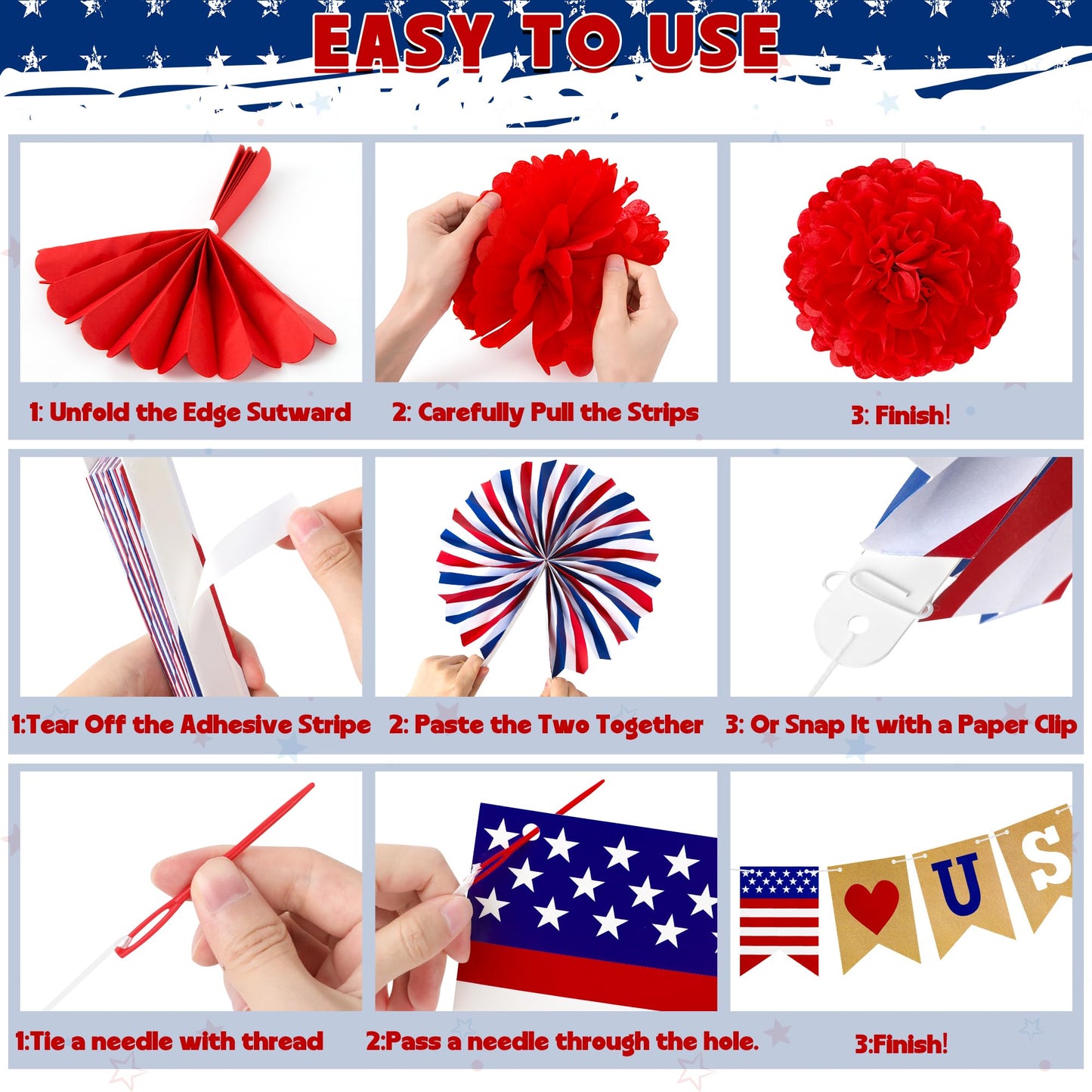 26 PCS 4th of July Decorations, 250th Memorial Day Red White Blue Paper Fans Decorations, 4th of July Banner Pompom Garland and Hanging Swirls Set for Fourth of July Independence Day Decor