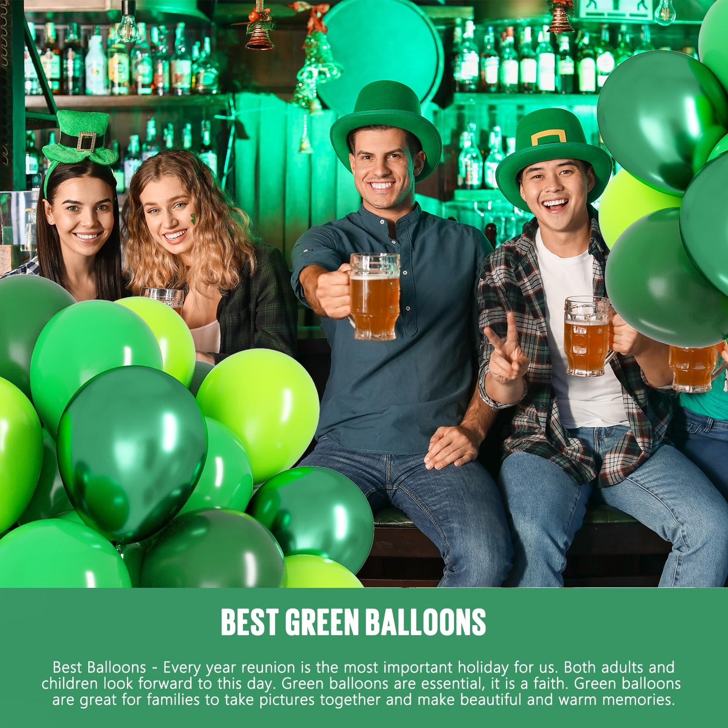 OWill 100pcs Green Balloons 12 Inches Different Shades Dark Green Emerald Green Lime Green Chrome Metallic Green Latex Balloons for Jungle Safari Party Supplies St. Patrick's Day Decoration