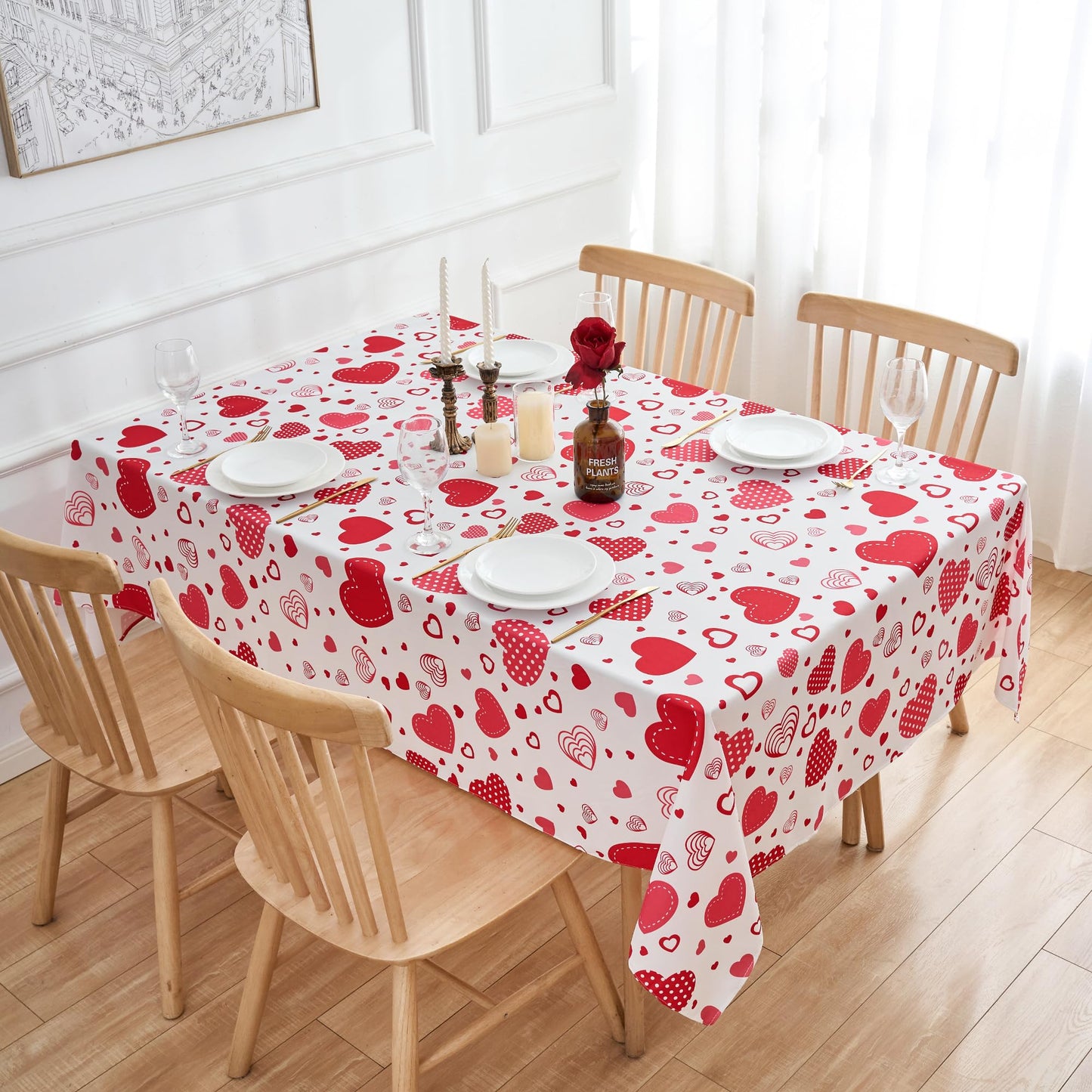 Valentine's Day Tablecloth 60 x 84 Inch Red Love Heart Rectangle Table Cloth - Oblong Polyester Fabric Table Cover for Valentine Wedding Anniversay Dinner Party Picnic Kitchen Decorations