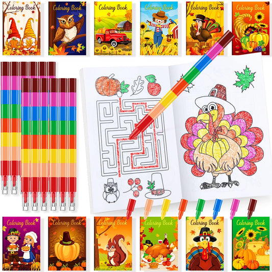 24 Fall Mini Coloring Books Kids with 24 Stacking Crayons Thanksgiving Theme Party Favors Activity Books Bulk for Kids Autumn Harvest Birthday Goodie Bag Gift Stuffer Classroom Reward