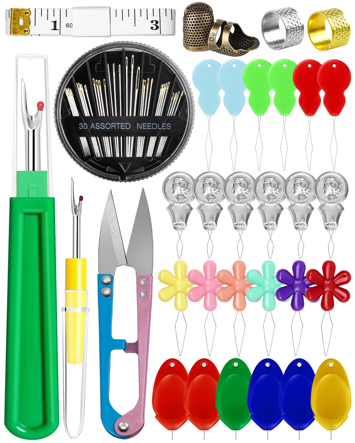 Needle Threaders Kit, 24 PCS Needle Threader for Hand Sewing, Needles Threader for Swing & Embroidery Floss with Embroidery Needles, Seam Ripper, Thread Snips, Thimble and Measuring Tape