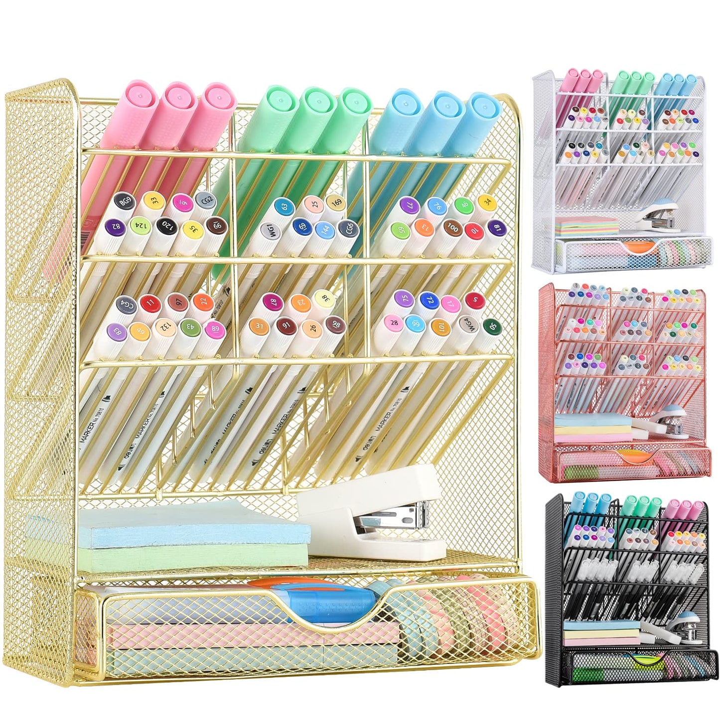 Spacrea Mesh Pen Organizer - Pencil Holder for Desk, Desk Organizer with Drawer for School, Home, Art Supplies (Gold)