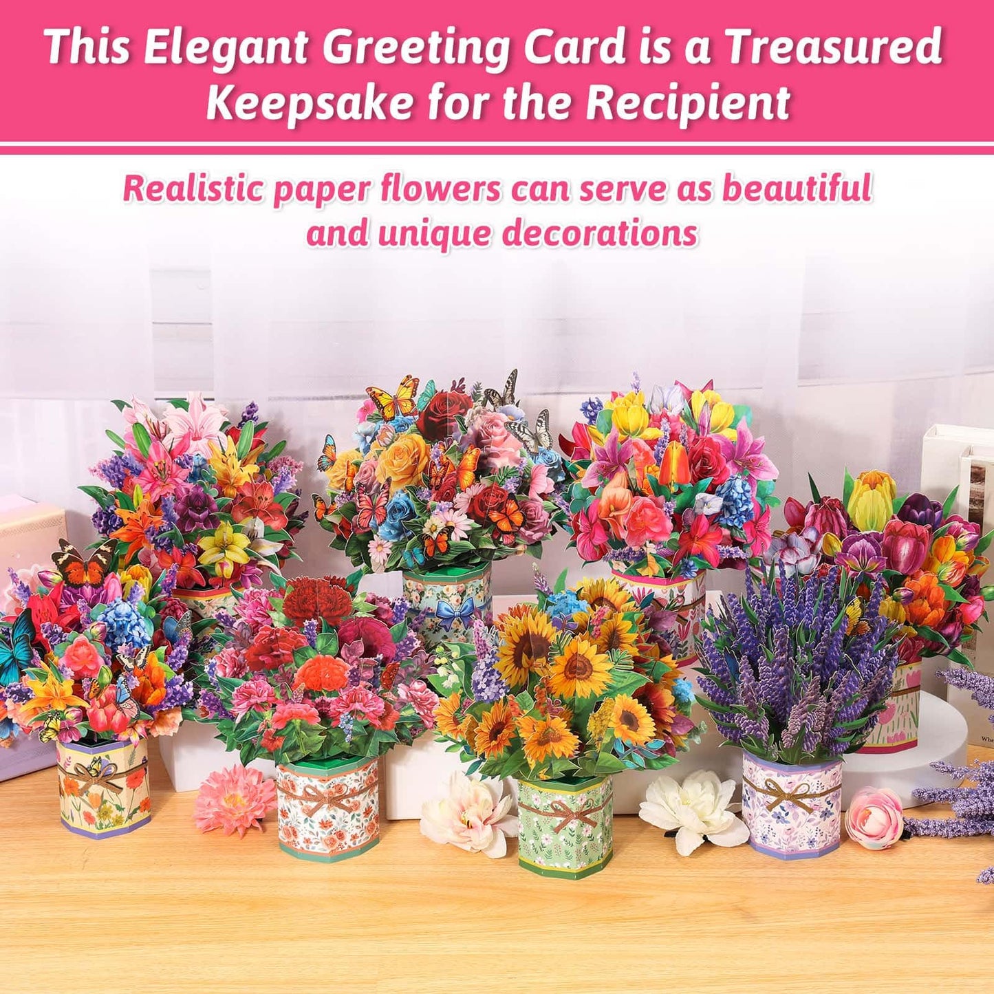 8 Pack Paper Flower Pop Up Cards, Flower Bouquet Card Popup 3D Greeting Cards for Mother's Day, Graduation, Anniversary, Birthday, Congratulations, Get Well, Home Decor, with Envelope and Note
