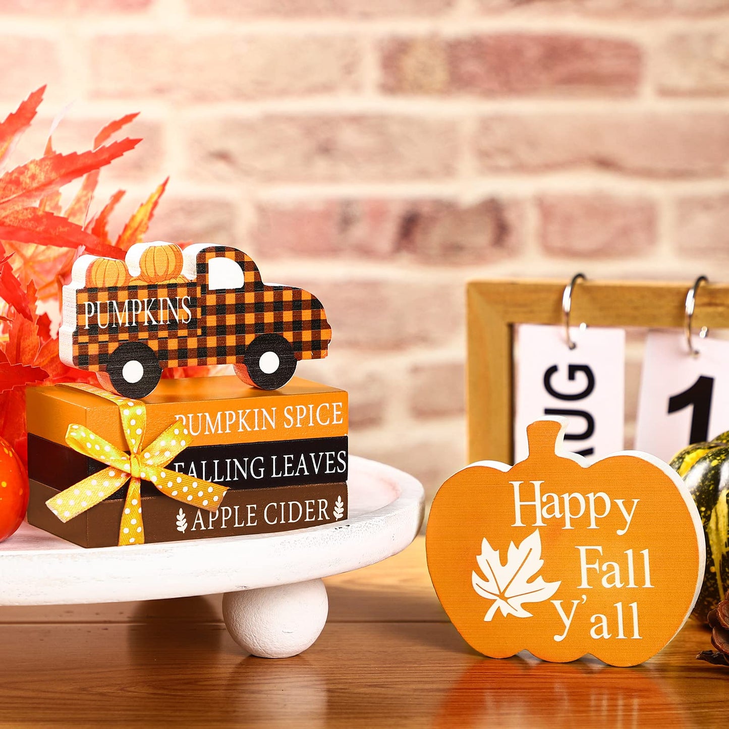 5 Pieces Fall Decor Fall Tiered Tray Decor Thanksgiving Wooden Signs 3 Mini Faux Decorative Books Bundle with Twine Pumpkin Wooden Truck Farmhouse Rustic for Autumn Thanksgiving Table Decor (Pumpkin)