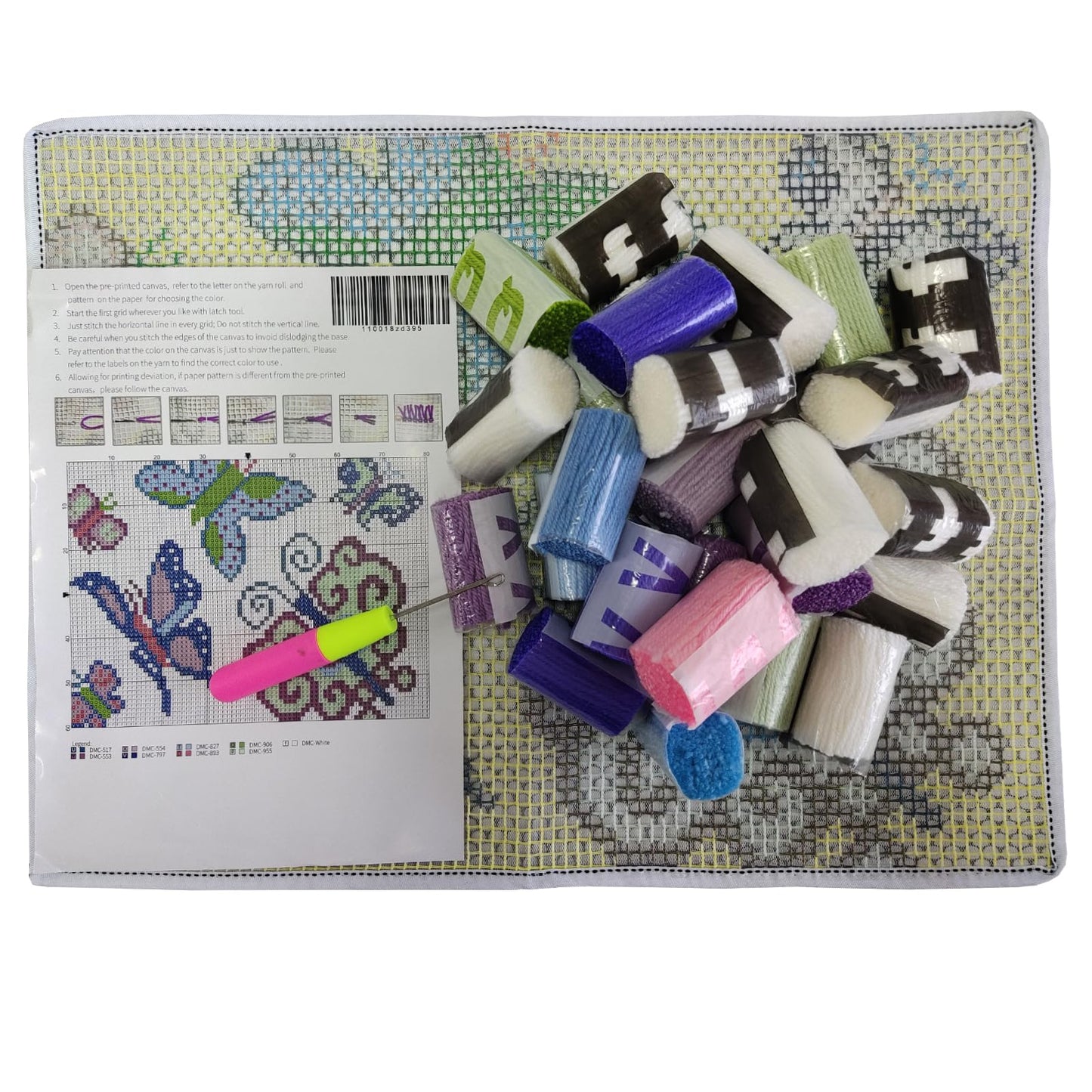 Latch Hook Kit, Hook Carpet Set with Pattern Printed, Butterfly DIY Crochet Yarn Rug Embroidery Shaggy 20.4X15inch/52X38CM