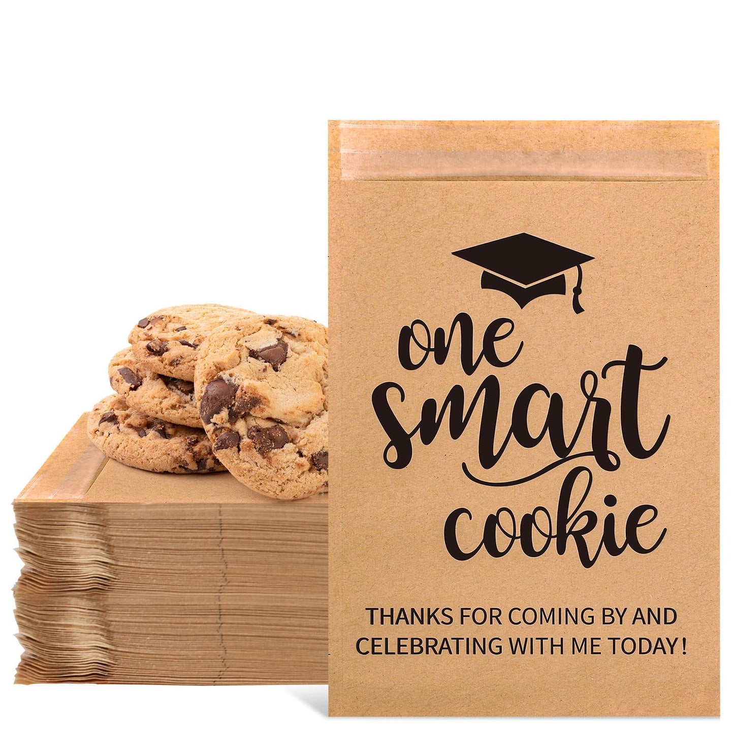 Whaline 100 Pack 2026 Graduation Candy Cookie Gift Bags One Smart Cookie Self-Adhesive Buffet Treat Bag Congrats Grad Kraft Paper Treat Gift Bags for 2026 Graduation Party Decoration Supplies