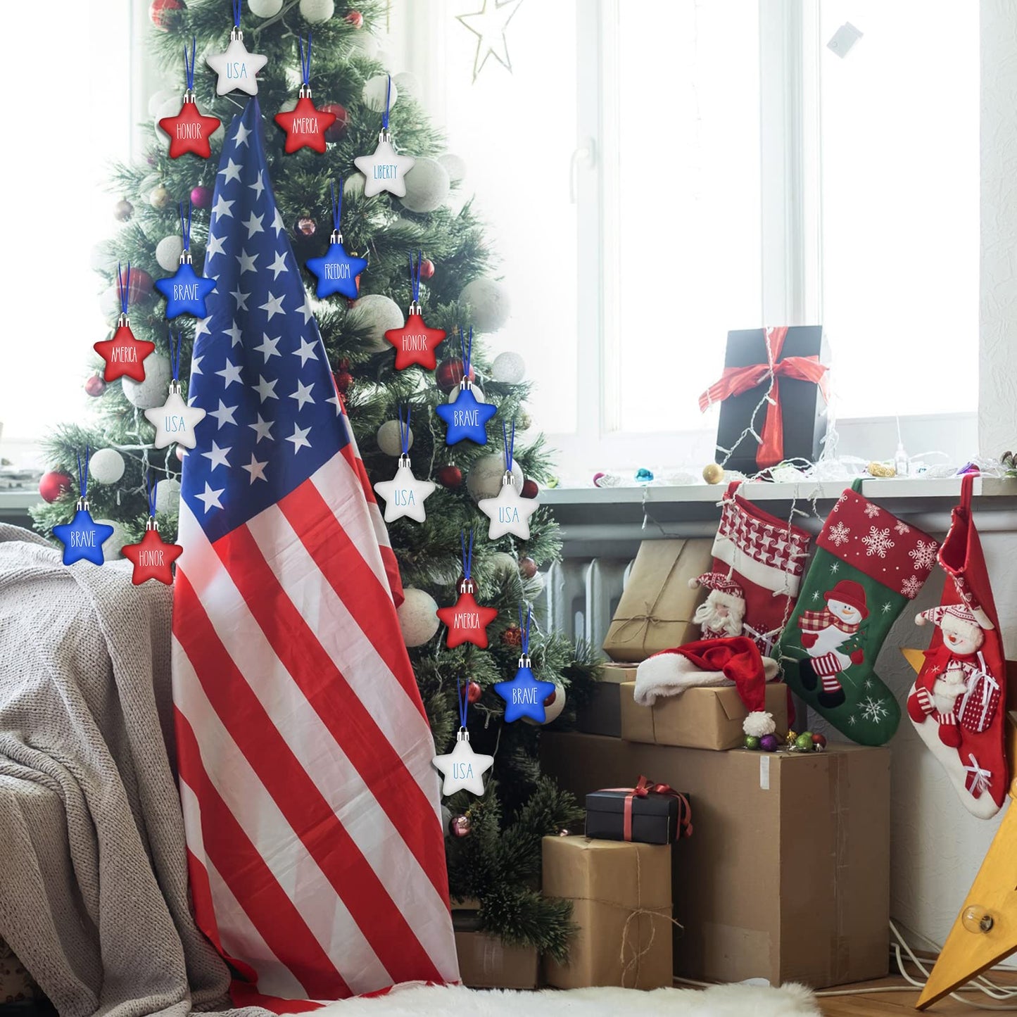 Honoson 24 Pcs 4th of July Star Ornaments Patriotic Tree Decorations Star Independence Day Hanging Ornament Red Blue White 250th Anniversary for Party Tree Decor
