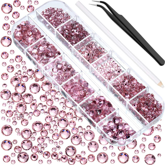 2000 Pcs Pink Flatback Rhinestones Bulk for Crafting 6 Sizes Round Crystal Nail Rhinestones Bedazzling Nail Gems with Tweezer Picking Pen for Nail Art Makeup Clothes Shoes DIY