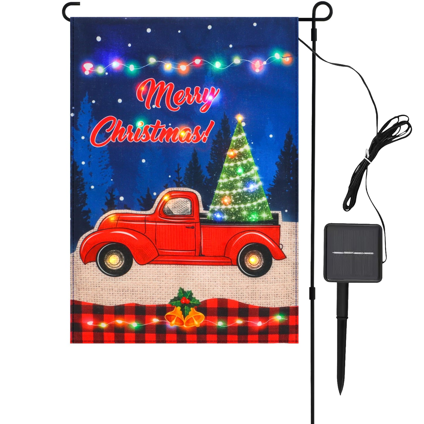 Lighted Christmas Garden Flag, LED Red Truck Flag Double Sided, Vertical Merry Christmas Flag for Outdoor Yard Garden Lawn Holiday Decoration(12x18 Inch)