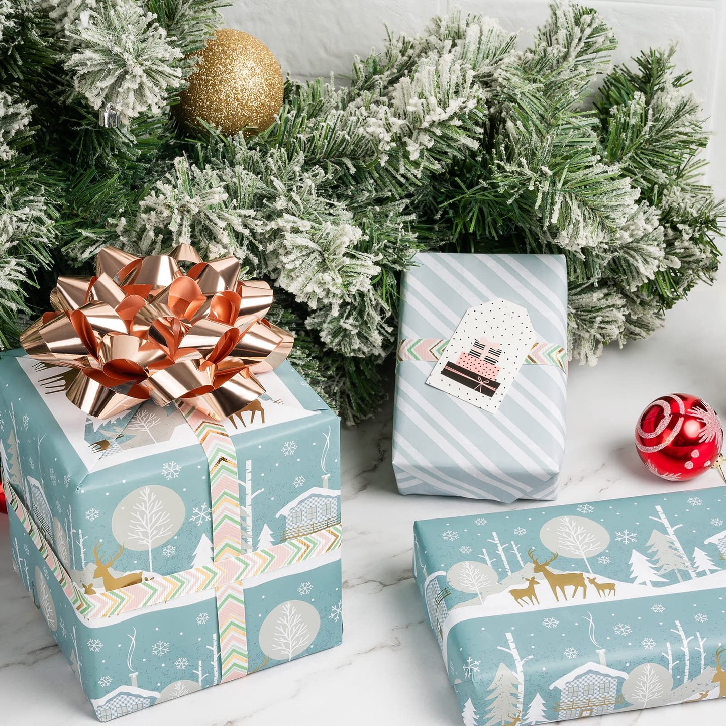 Reversible Christmas Wrapping Paper - Mini Roll - 17 Inch x 33 Feet - Blue and White Reindeer Holiday Landscape and Stripe Design for Christmas, Holiday, Party