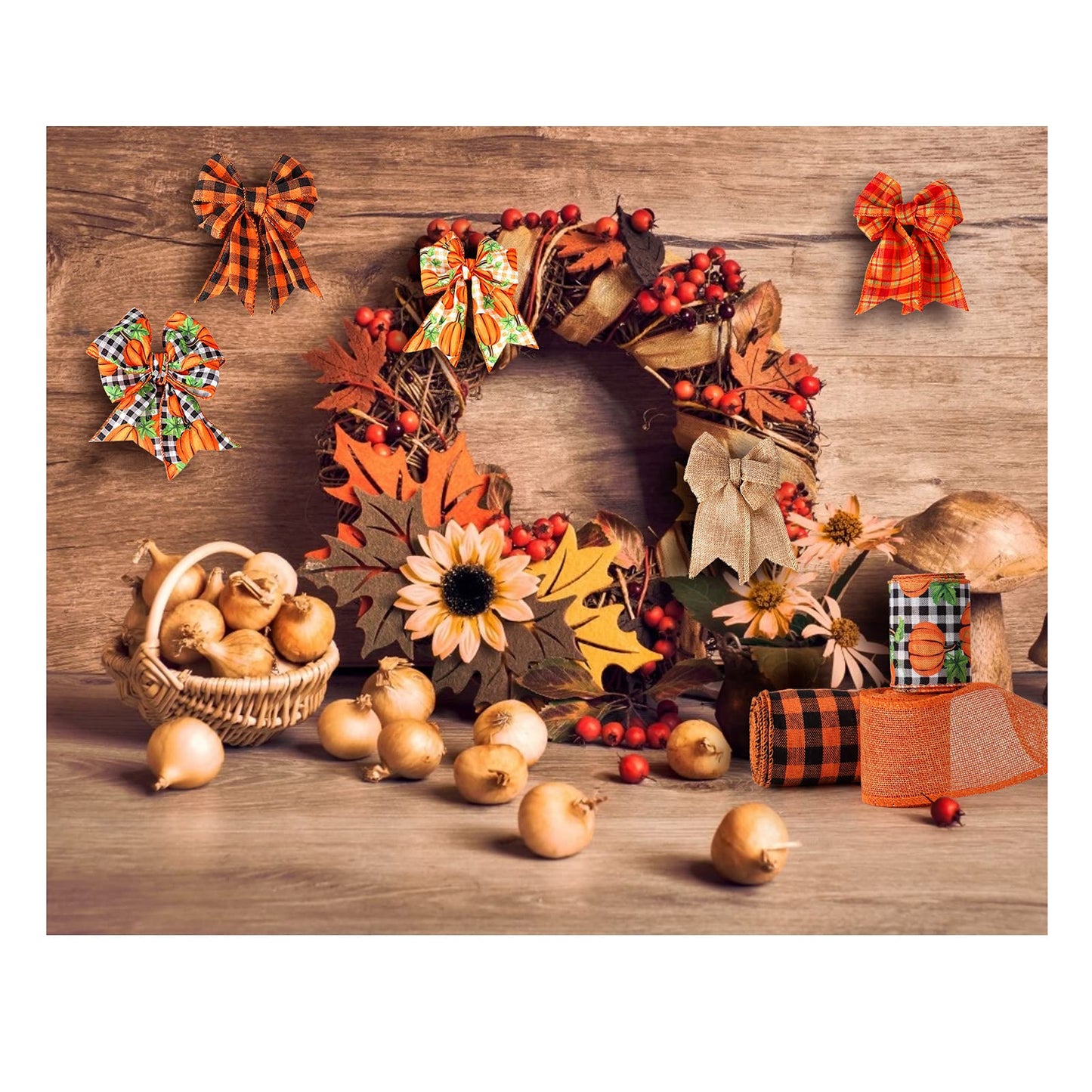 6 Rolls 30 Yards Fall Burlap Ribbon,2.5″W Buffalo Plaid Wired Edge Ribbon with Pumpkin Pattern Thanksgiving Theme Craft Ribbons Rustic Autumn Harvest Ribbons for Wrapping Gifts Making Wreath Bow