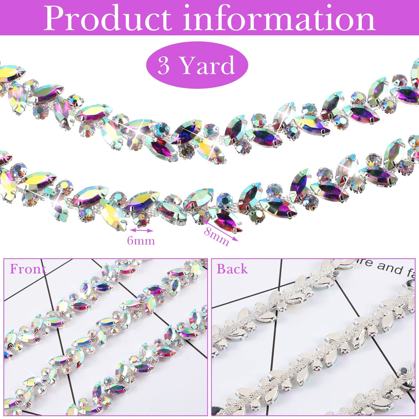 BBTO Rhinestone Chain Trim Applique Embellishment Crystal Wedding Bridal Costume Flower Leaf Chain Sewing Bling Trim for Jewelry DIY Necklace Bags Parties(3 Yards,AB)