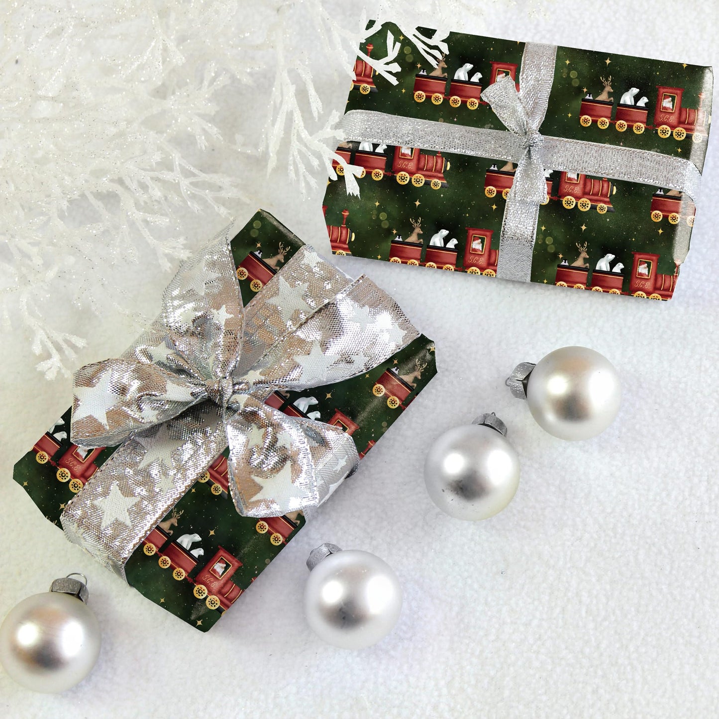 SaringSwoon Vintage Train Christmas Wrapping Paper for Baby Boys Girls Kids - Green Xmas Wrapping Paper with Red Trains, Santa, Polar Bears, Penguins for Holiday - 40×28 Inches, 4 Folded Sheets