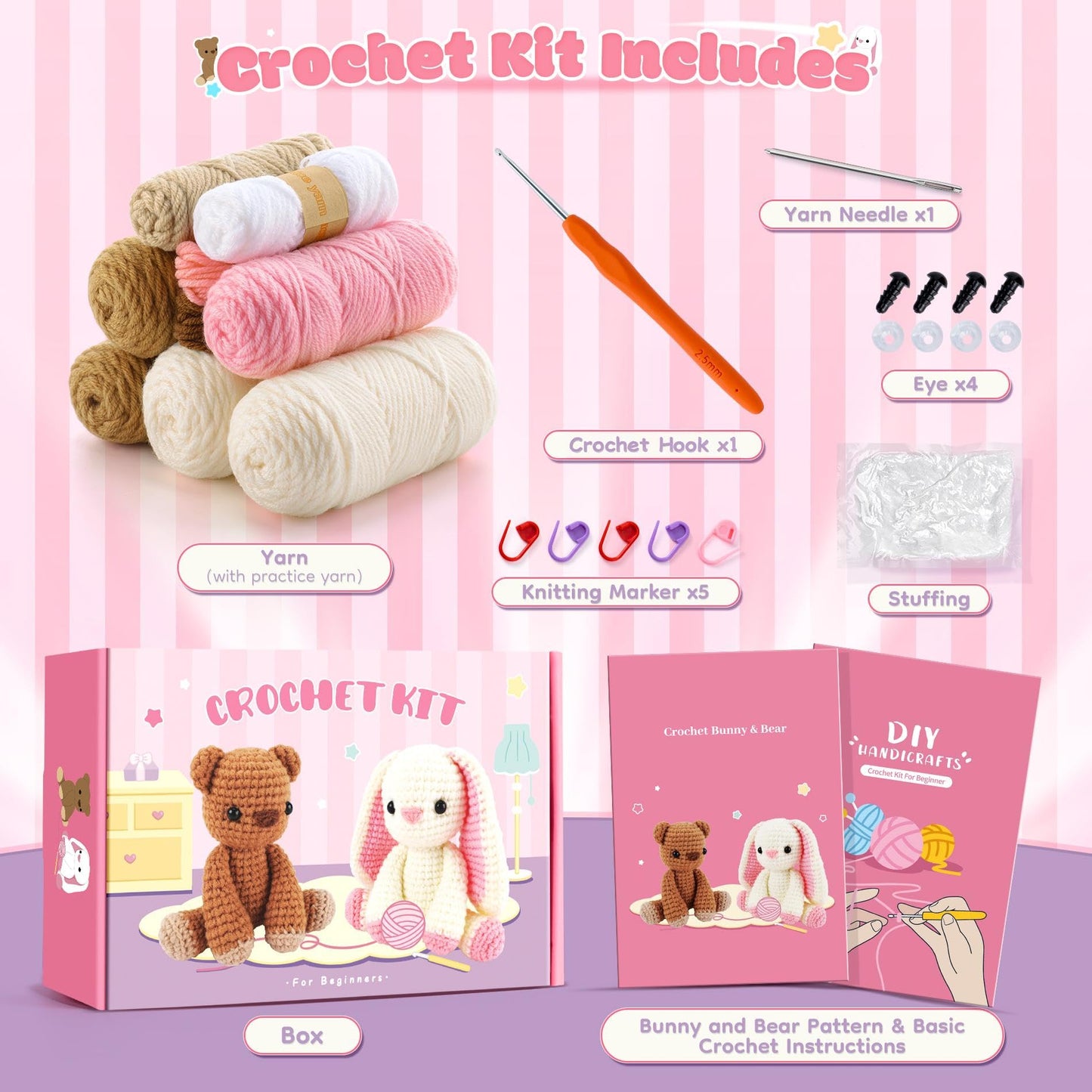 Easter Crochet Kit for Beginners, Bunny and Bear Crochet Kit with Step-by-Step Video Tutorials, Crocheting Kit for Starter, Beginner Crochet Kit for Adult, Stuffed Animal Knitting Kit for Birthday