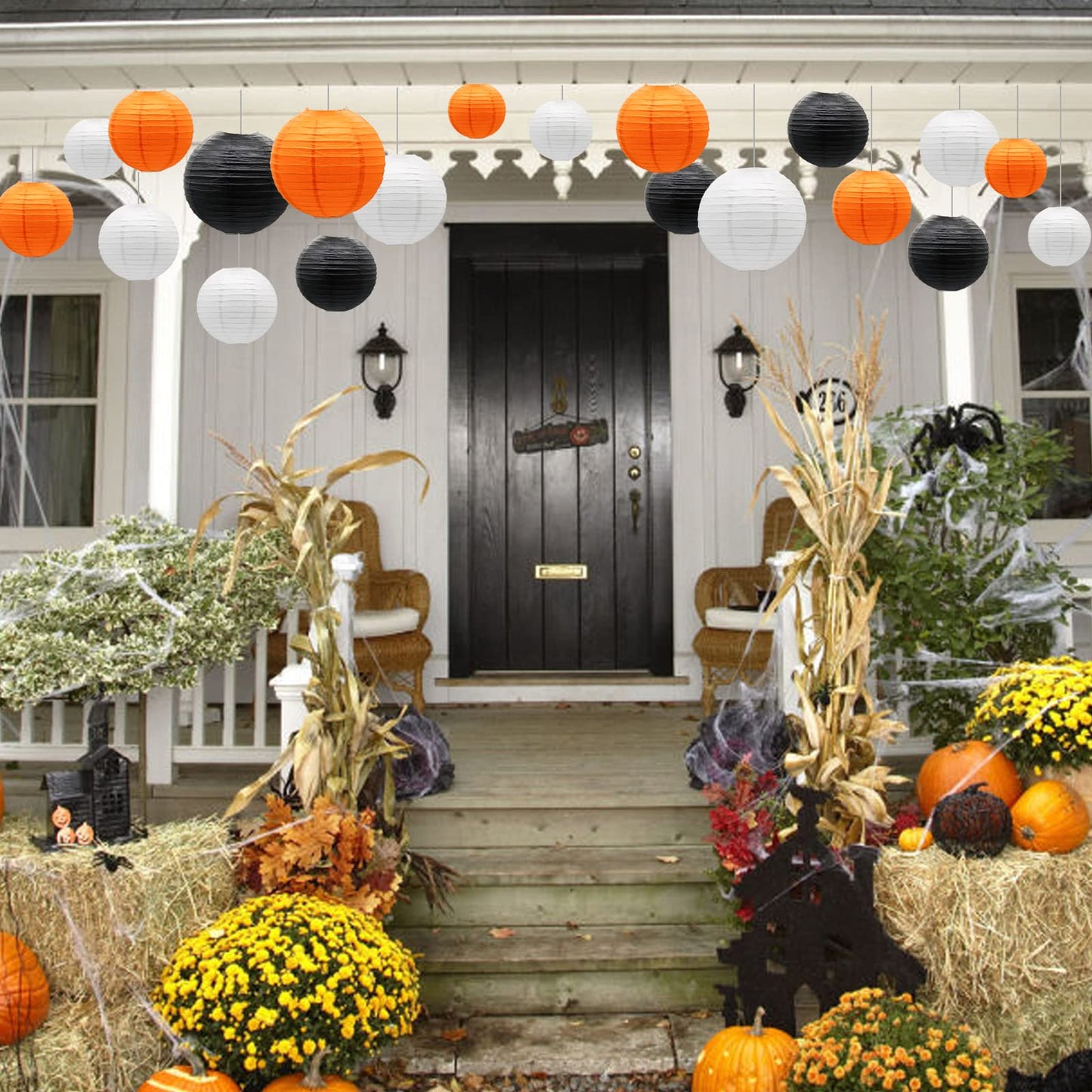 Paper Lanterns Decorative, Round Hanging Lantern for Halloween Thanksgiving Graduation Birthday Party Decorations, Black/Orange/White 9pcs