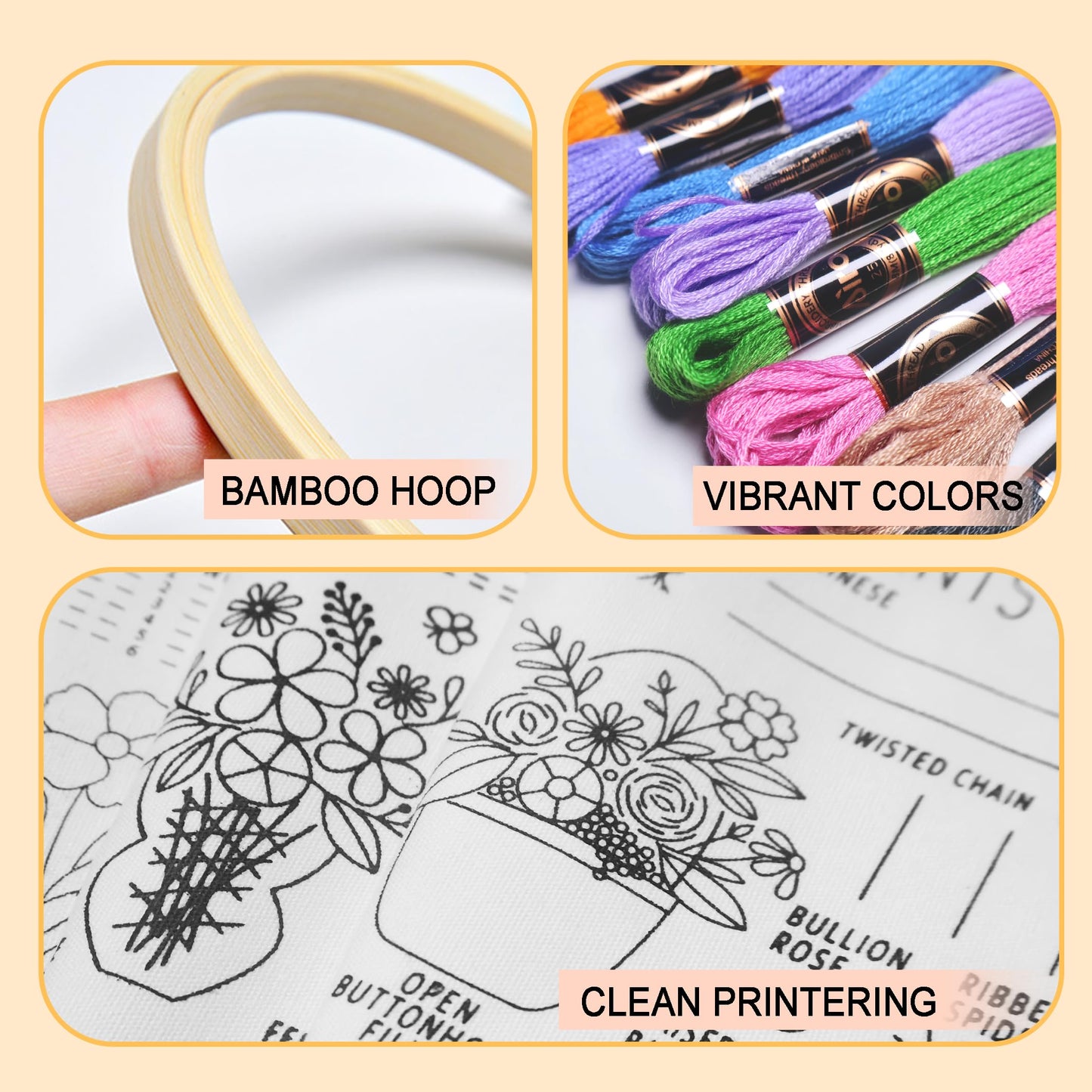 3 Sets Embroidery Kit for Beginners, 37 Embroidery Stitch Kits Adults Beginner with Embroidery Patterns, Punch Needle Point Kits Adults Including Embroidery Supplies and Instruction Video