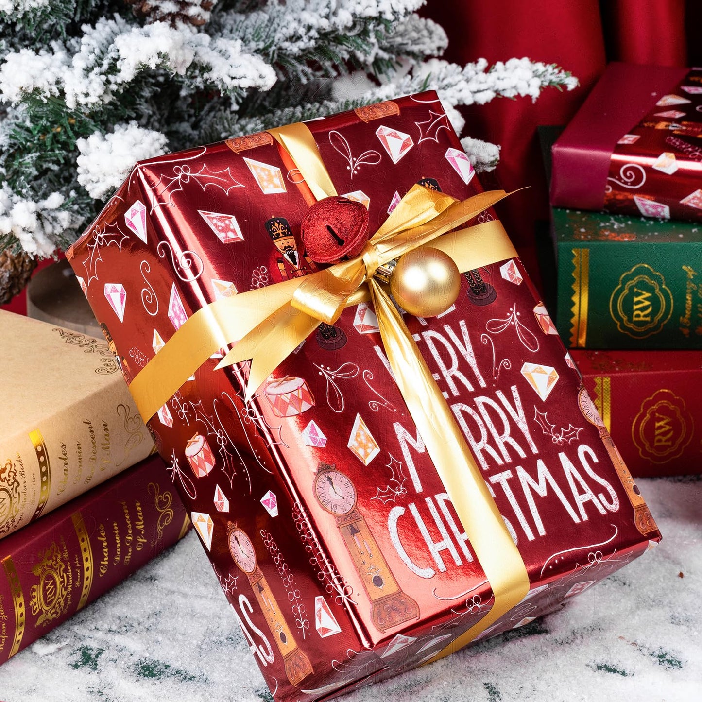 Reversible Nutcracker Christmas Wrapping Paper - Mini Roll - 17 Inch x 33 Feet - Merry Christmas Nutcracker Wrapping Paper with Metallic Foil Shine for Xmas Holiday, Party Celebration