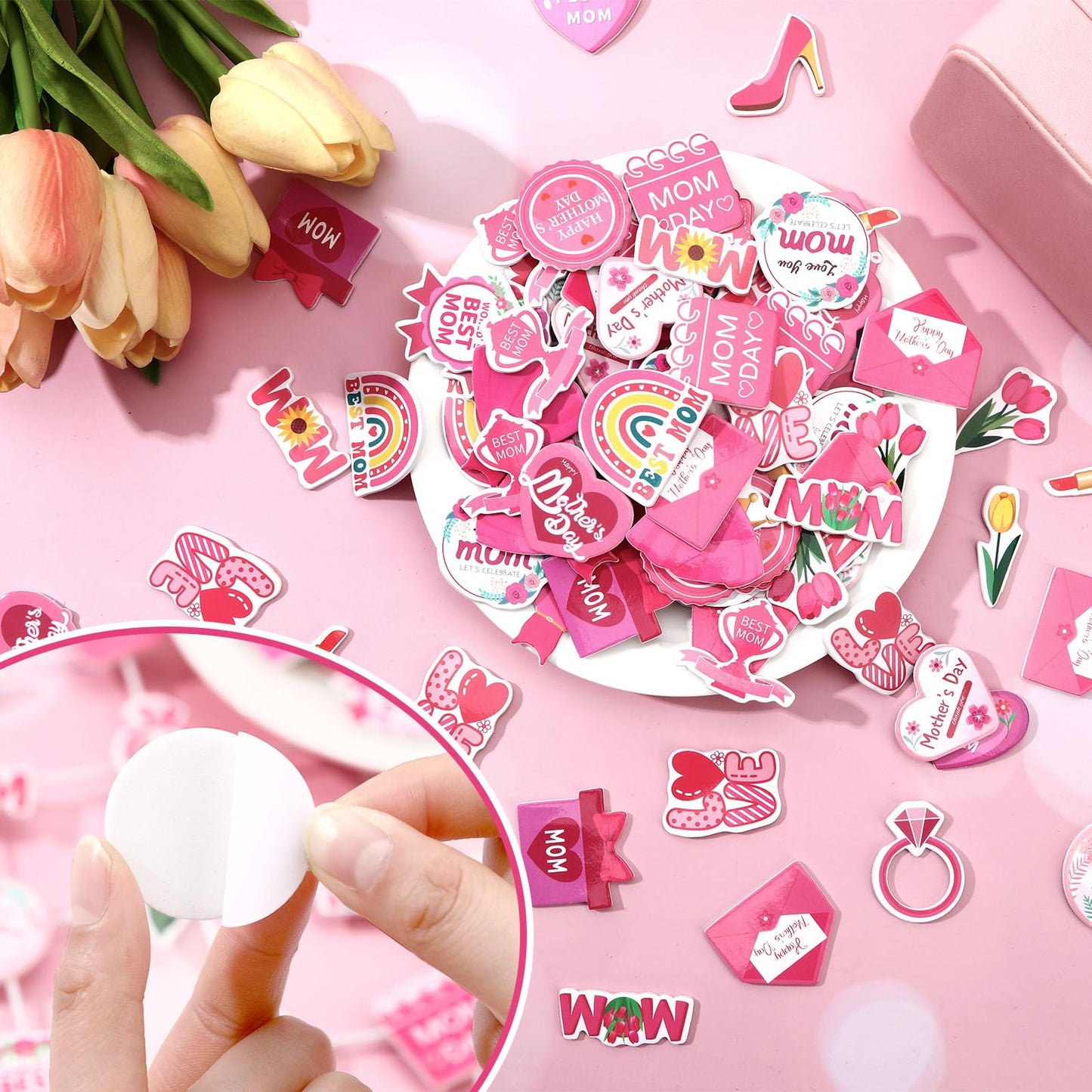JULBEAR Mother's Day Foam Stickers, 300pcs Themed Hearts Tulip Flowers for DIY Craft Gift Cards Box Party Decoration