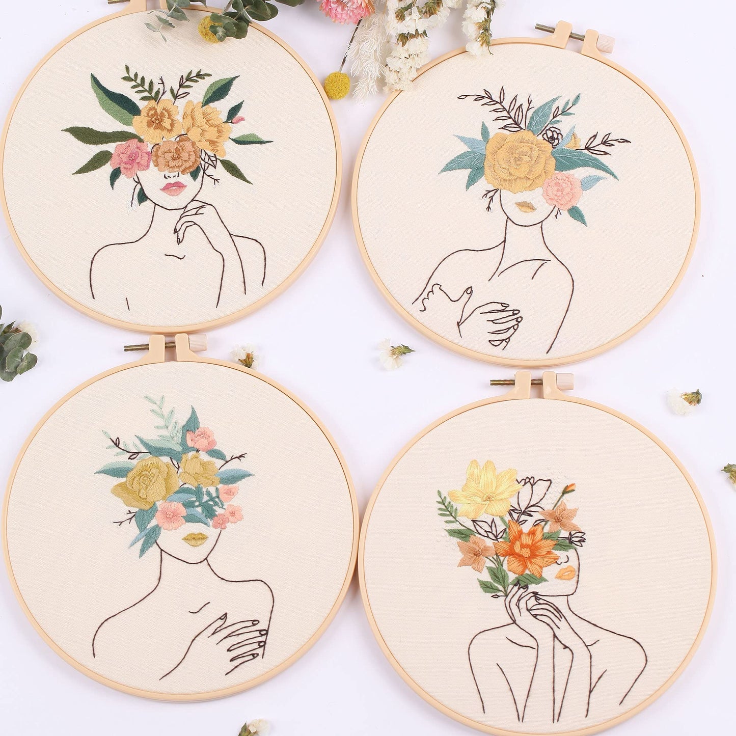 REEWISLY 4 pcs of Embroidery Starter kit with Patterns and Instructions, DIY Adult Beginner Cross Stitch Kits, Including 2 Plastic Embroidery Rings, 1 Pair of Scissors, Colored Threads and Needles
