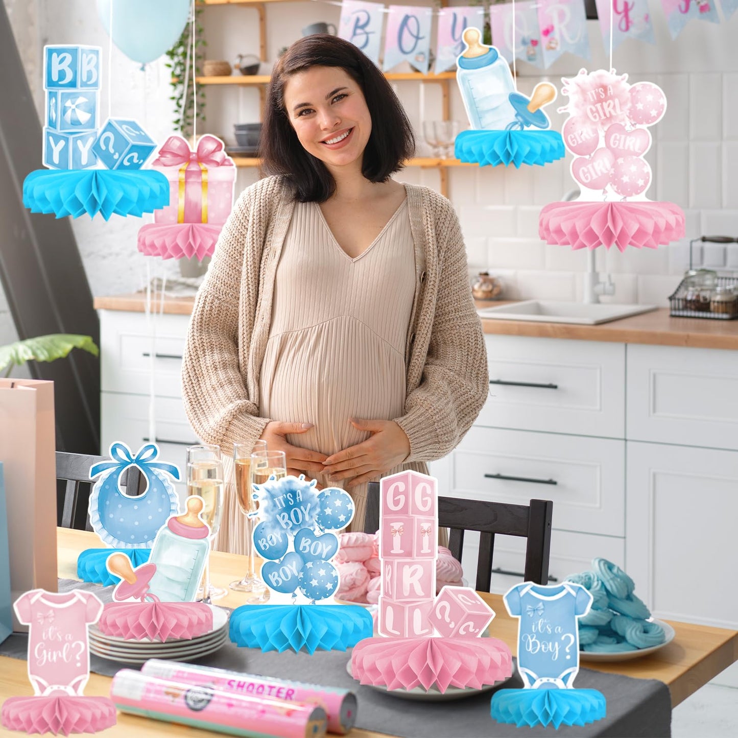 Gender Reveal Decoration Set - Includes Baby Reveal Table Decorations with Honeycomb Centerpiece for Boy or Girl Baby Shower Party Decoration