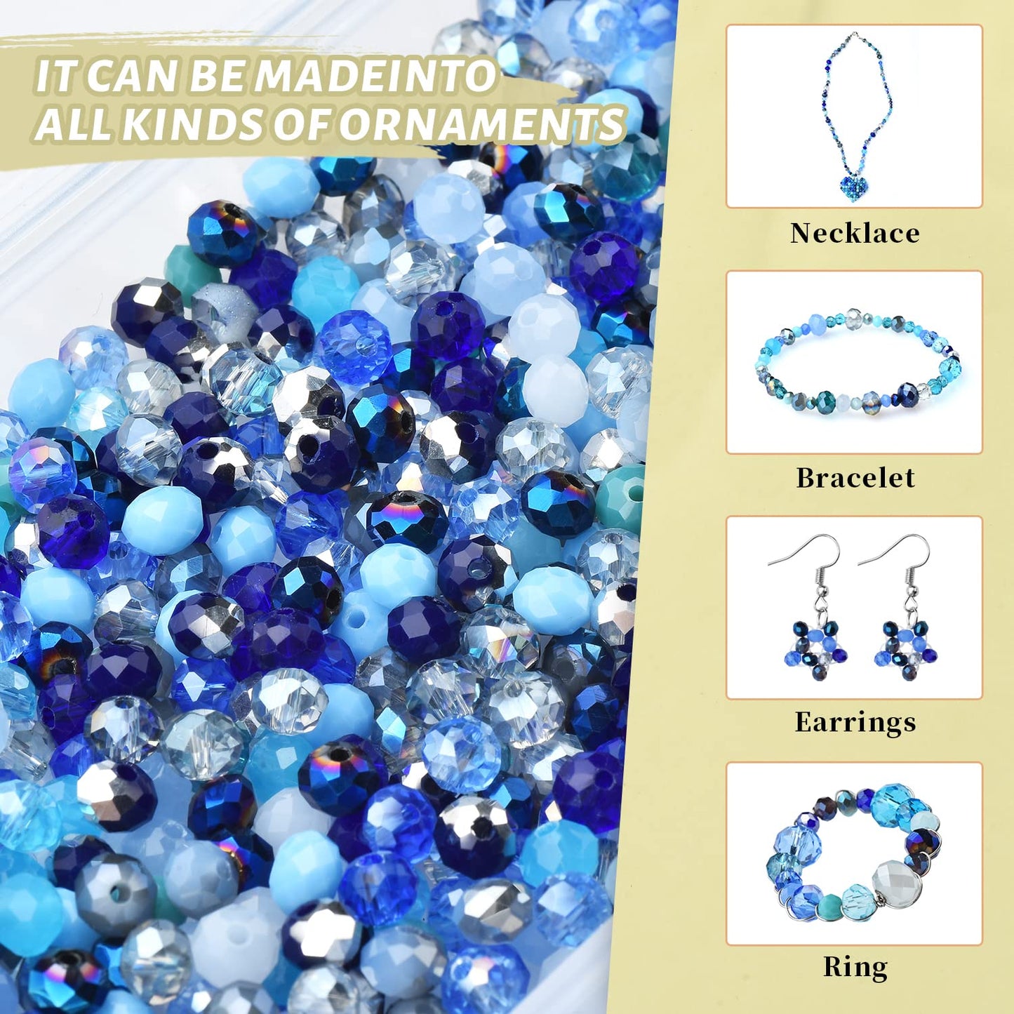 KINGSHINE 4/6/8mm Crystal Glass Beads,3 Sizes Total 1000pcs Faceted Briolette Rondelle Beads with Container,Loose Spacer Beads for DIY Beading Projects,Earrings,Necklaces(Blue Color)