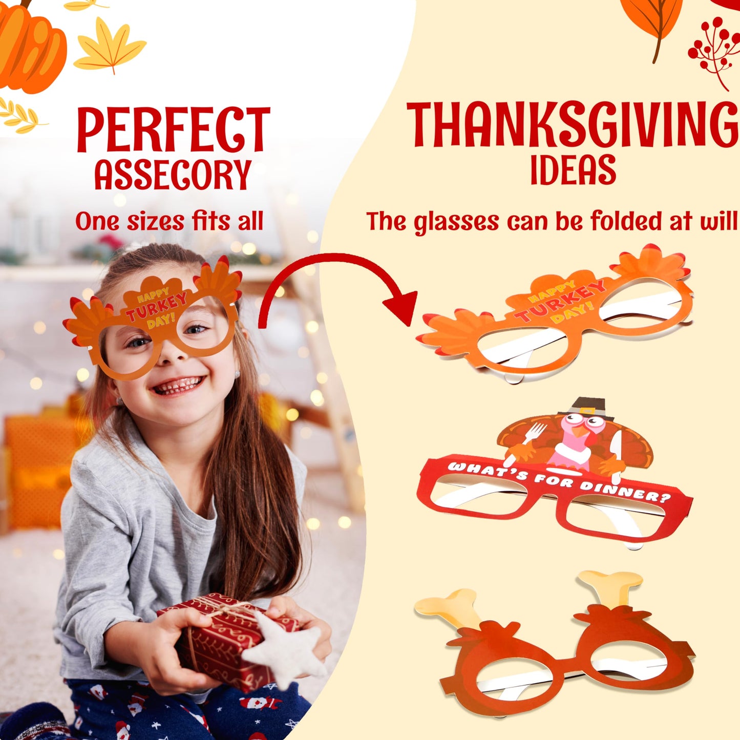 JOYIN 24 Pcs Thanksgiving Turkey Eyeglasses, Turkey Eyewear Frame Pumpkin Maple Leaves Photo Props for Kids Thanksgiving Harvest Party Decoration and Thanksgiving Day Accessories (One Size Fits All)