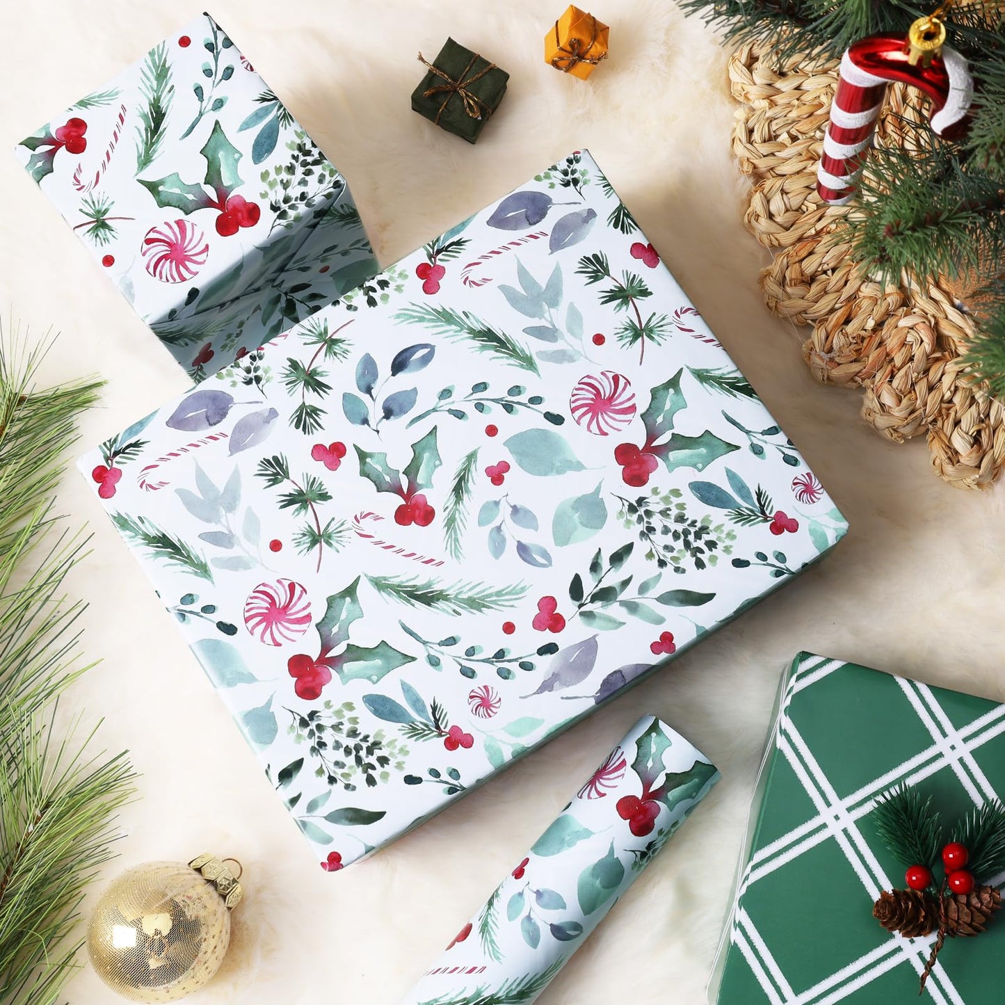 Vintage Christmas Wrapping Paper Roll, Reversible Gift Wrap with Holly Leaves, Red Berries, Candy Cane & Green Plaid Design, Double-Sided Xmas Wrapping Paper for Holiday, Season Party, 17 inch x 33 feet