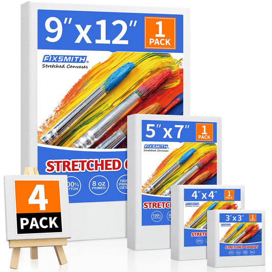 Stretched Canvas for Painting, 3"x3", 4"x4", 5"x7", 9"x12", Pack of 4, Pre-Primed Canvases Wood Framed Canvas Boards for Oil Acrylic Paint, Acid-Free Painting Canvas for Kids &Artists