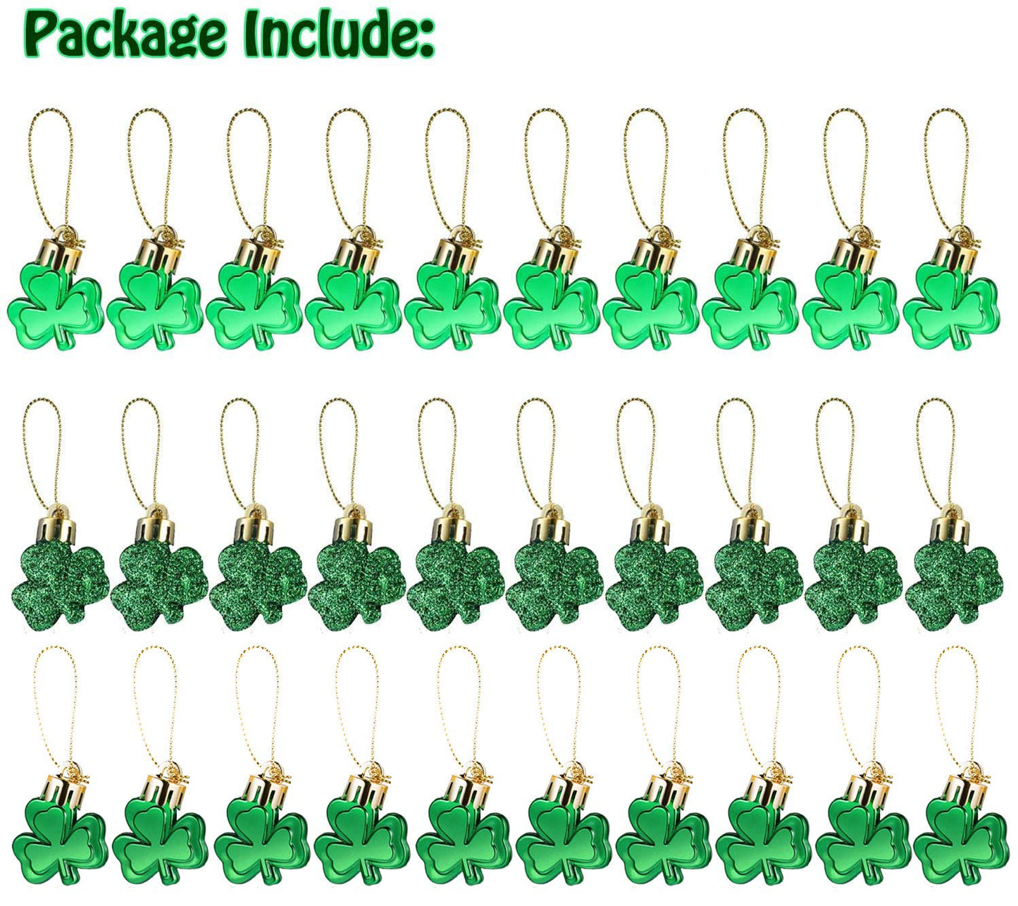 30 PCS St. Patrick's Day Shamrocks Ornament Set, Good Luck Clover Hanging Bauble Trefoil Pendant Decoration for Keyring Tree Shelf Home Decor Irish Festival, 3 Style