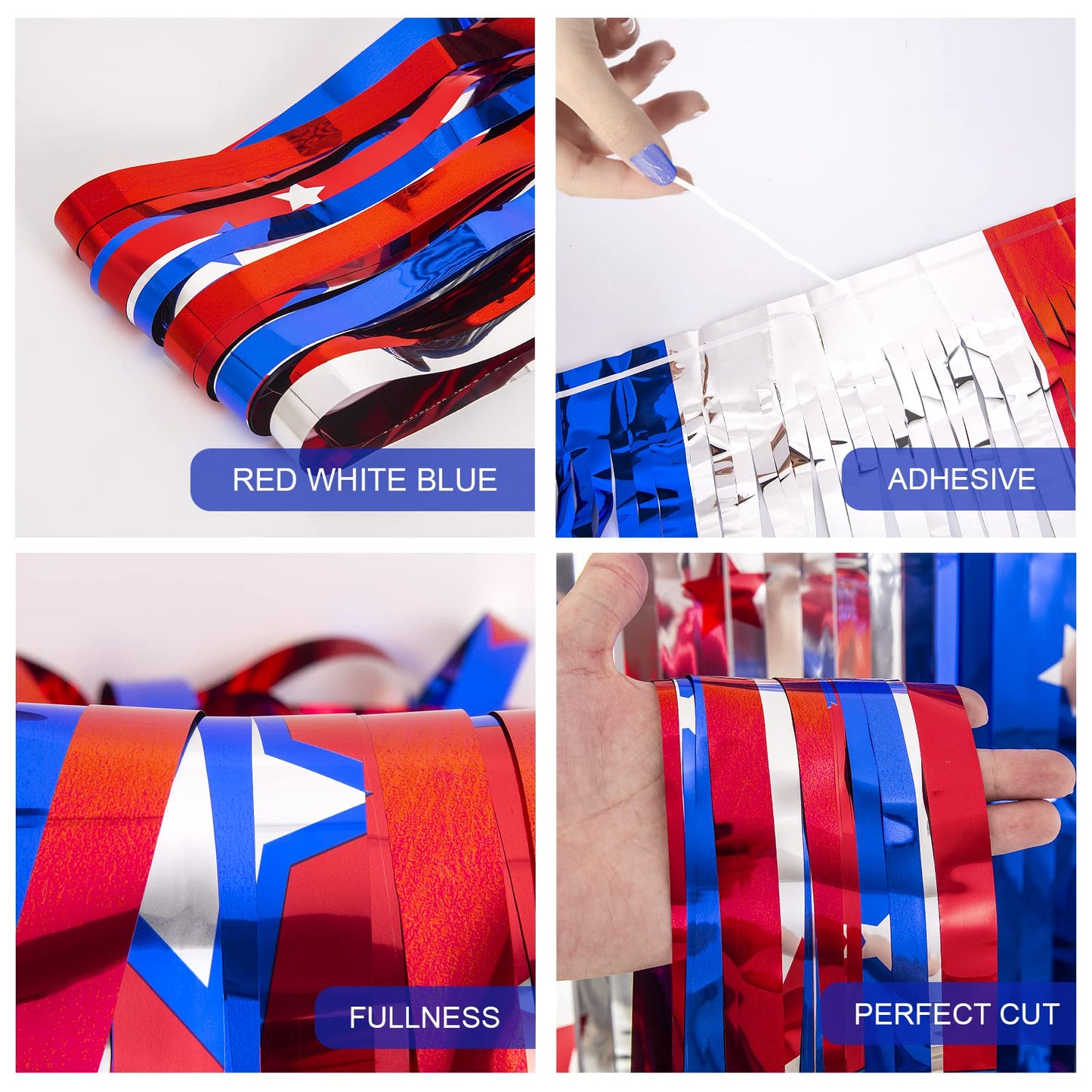 LOLStar 4th of July Decorations, Red White Blue 3 Pack America Star Tinsel Foil Fringe Curtains, Photo Booth Prop Streamer Backdrop for Independence Day, Memorial Day, Labor Day, Patriotic Party