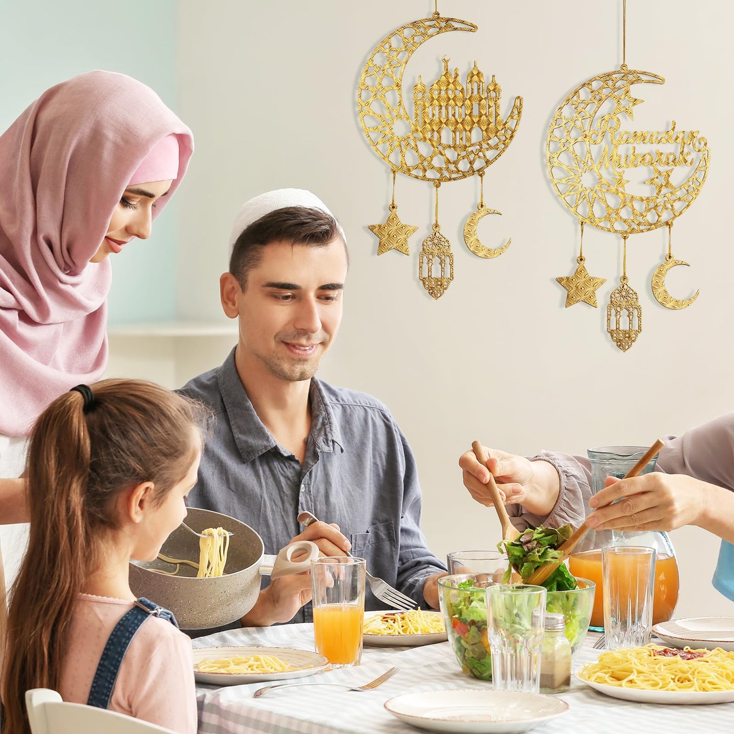 2 Pieces Eid Mubarak Door Sign Wooden Hanging Signs, Ramadan Kareem Hollow Ornament Decorations Moon and Stars, Moon Shape Ramadan Mubarak Party Wood Wall Hanger for Islamic Muslim Home Decor