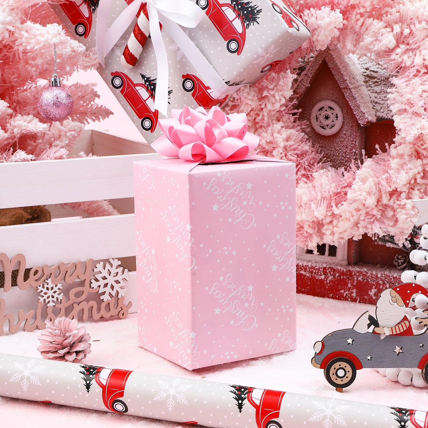 Reversible Wrapping Paper Roll, Mini Roll, Christmas Red Car and Christmas Wishes Pattern Gift Wrap Paper for Kids, Friends, Family, Xmas, Party, Holiday, 17.5 Inches X 32.8 Feet