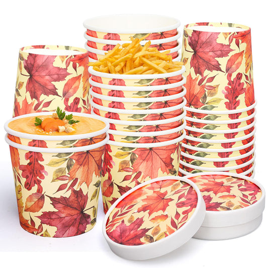 50Pcs 12Oz Fall Maple Leaf Kraft Paper Soup Containers with Lids Autumn Paper Food Bows Disposable Cups for Thanksgiving Party Storing Food Carrying Out