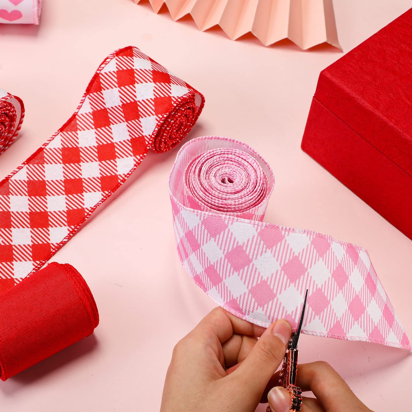 6 Rolls 30 Yards Valentine‘s Day Wired Ribbon 2.5 Inch Heart Printed Valentine Burlap Wired Ribbon Checkered Buffalo Plaid for Wreath Bow Craft Decor
