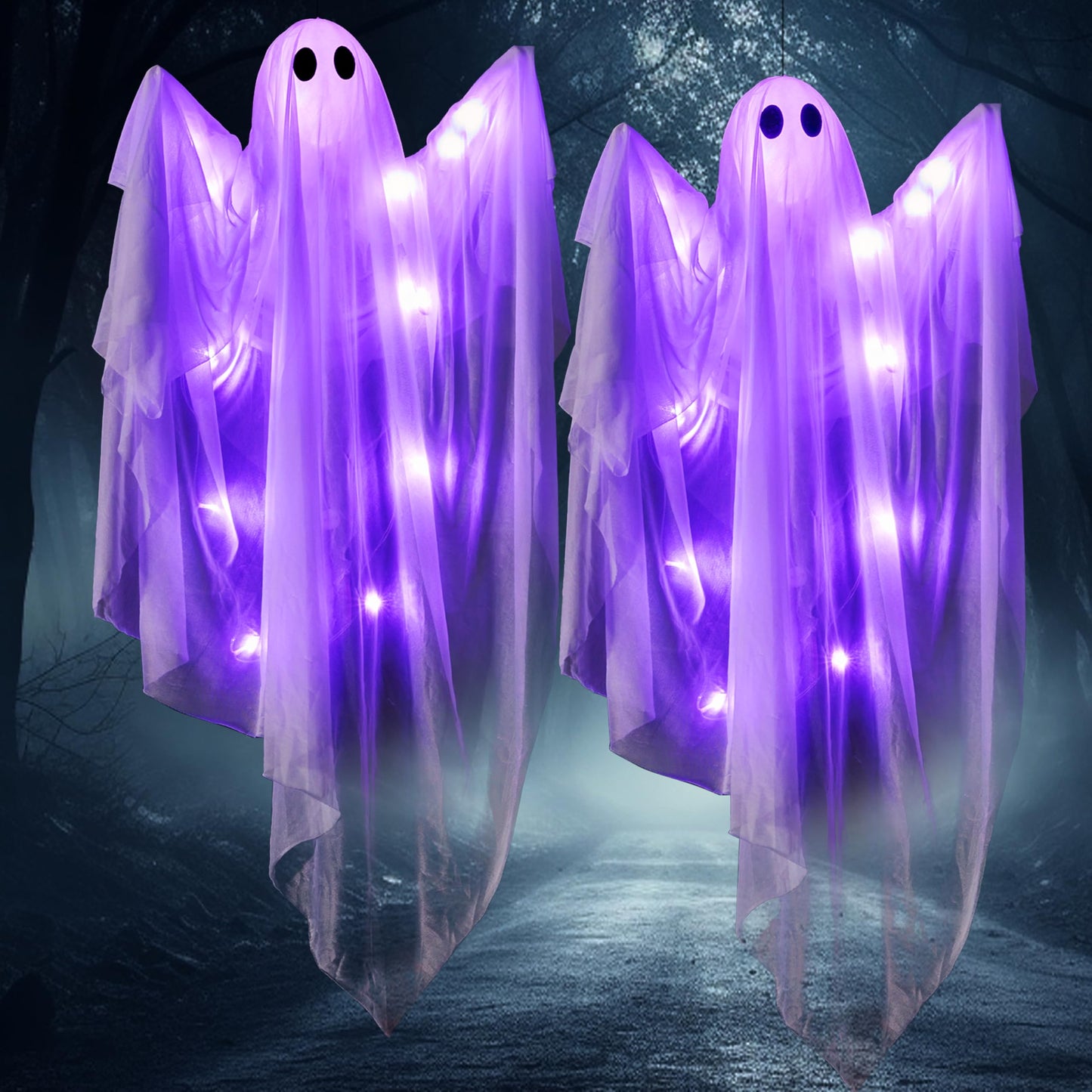 JOYIN 47” Halloween Hanging Light up Ghost Decoration Outdoor with Purple LED Light, 2 Pcs Halloween White Hanging Ghost for Haunted House Prop, Party Supplies, Front Yard Patio Garden Decor
