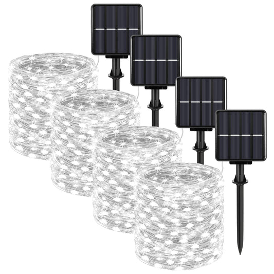 Extra-Long 288FT 800LED Solar Fairy String Lights, 4-Pack 72FT 200 LED Outdoor Twinkle Lights Waterproof 8 Lighting Modes Cool White Silver Wire Lights for Deck Backyard Tree Garden Fence Pool Party