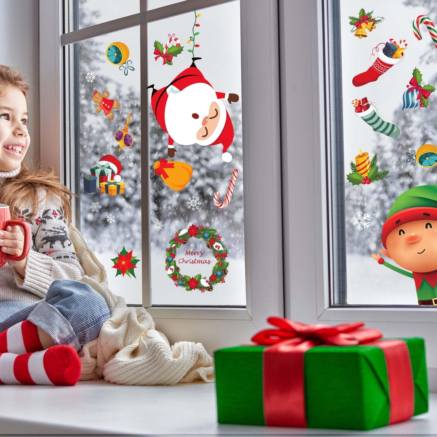 Christmas Decoartions, Christmas Window Clings Xmas Window Stickers Santa Claus Reindeer Deals for Home Indoor Decor Winter Holiday Party Supplies