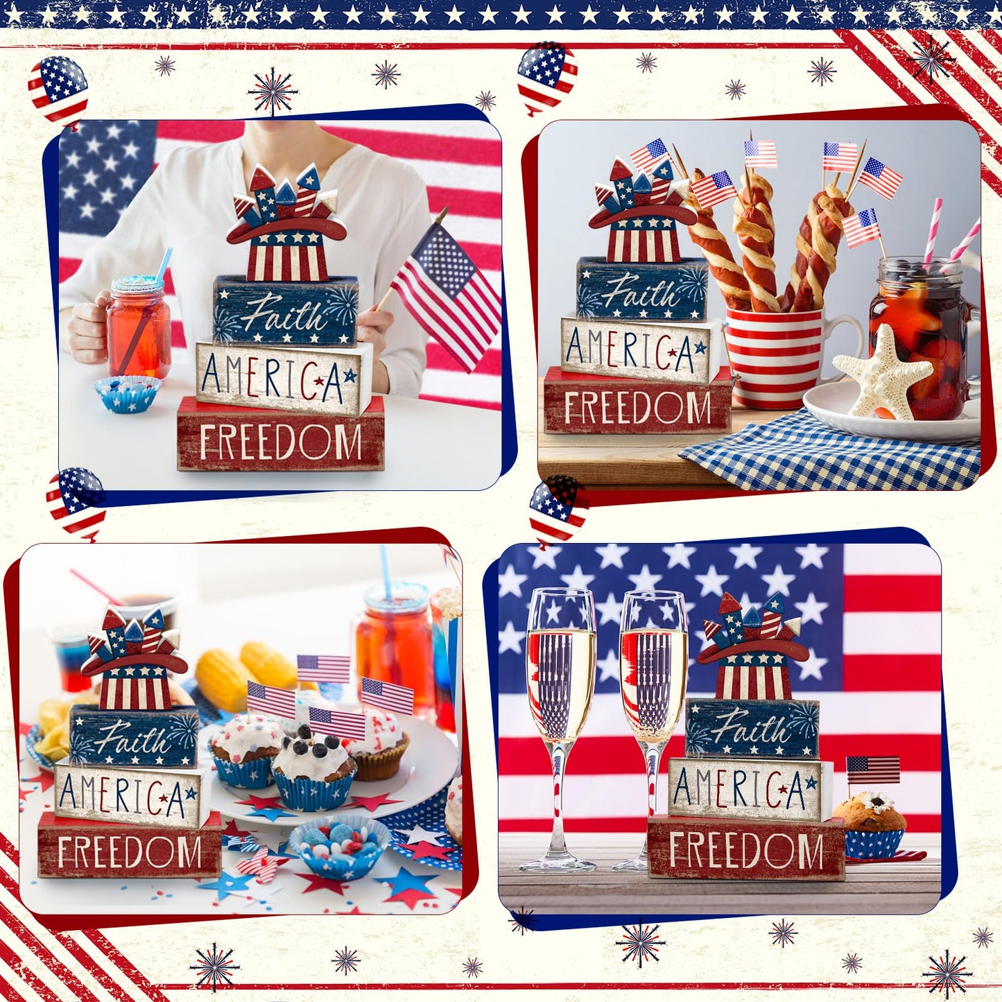CroBlissful 4 Pcs 4th of July Decorations Patriotic Memorial Day Tabletop Decorations Red White Blue Table Centerpieces Sign for Office Tiered Tray Home Shelf 250th Anniversary(Independence Day Hat)