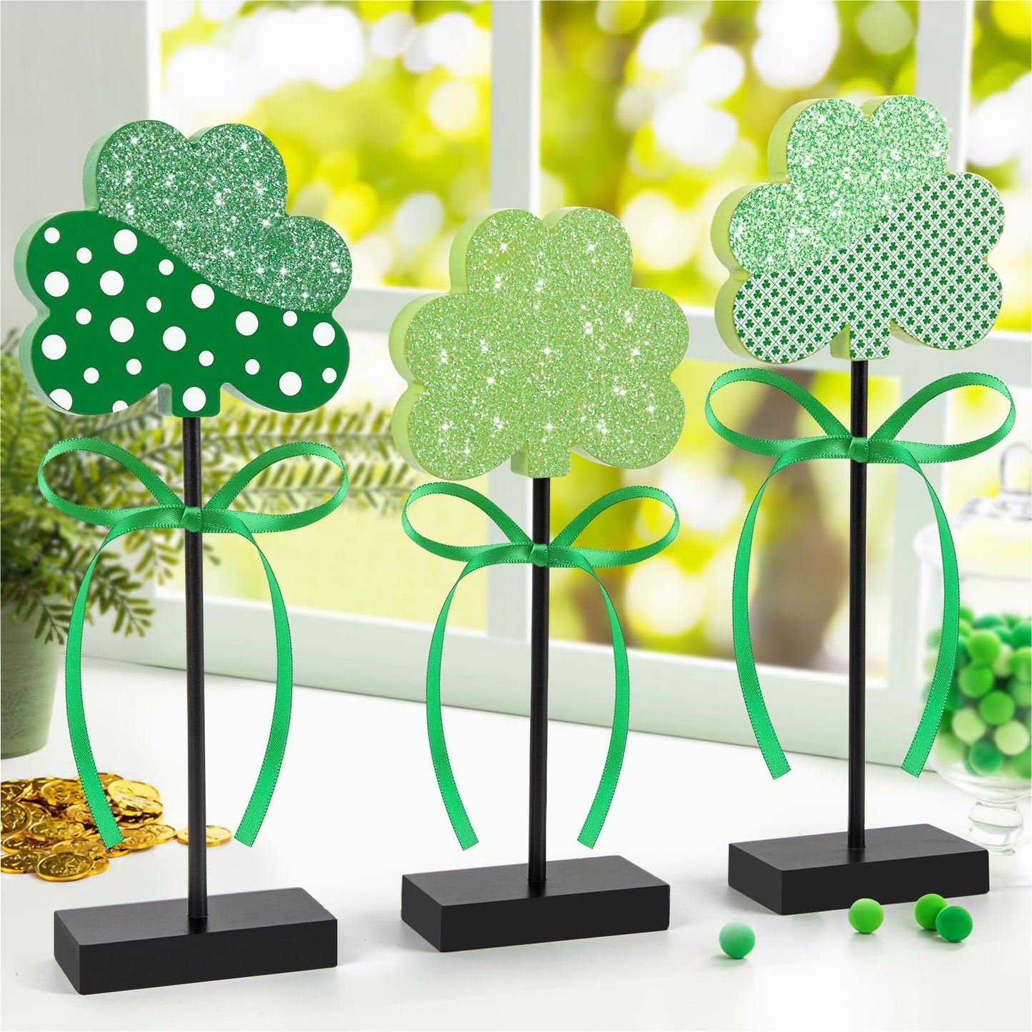 3 Pieces St. Patrick's Day Tiered Tray Decor, St. Patrick's Table Decor Shamrock Wooden Set, Irish-Themed Shamrock Decor, Green Lucky Shamrocks for Home Decor (Light Green)