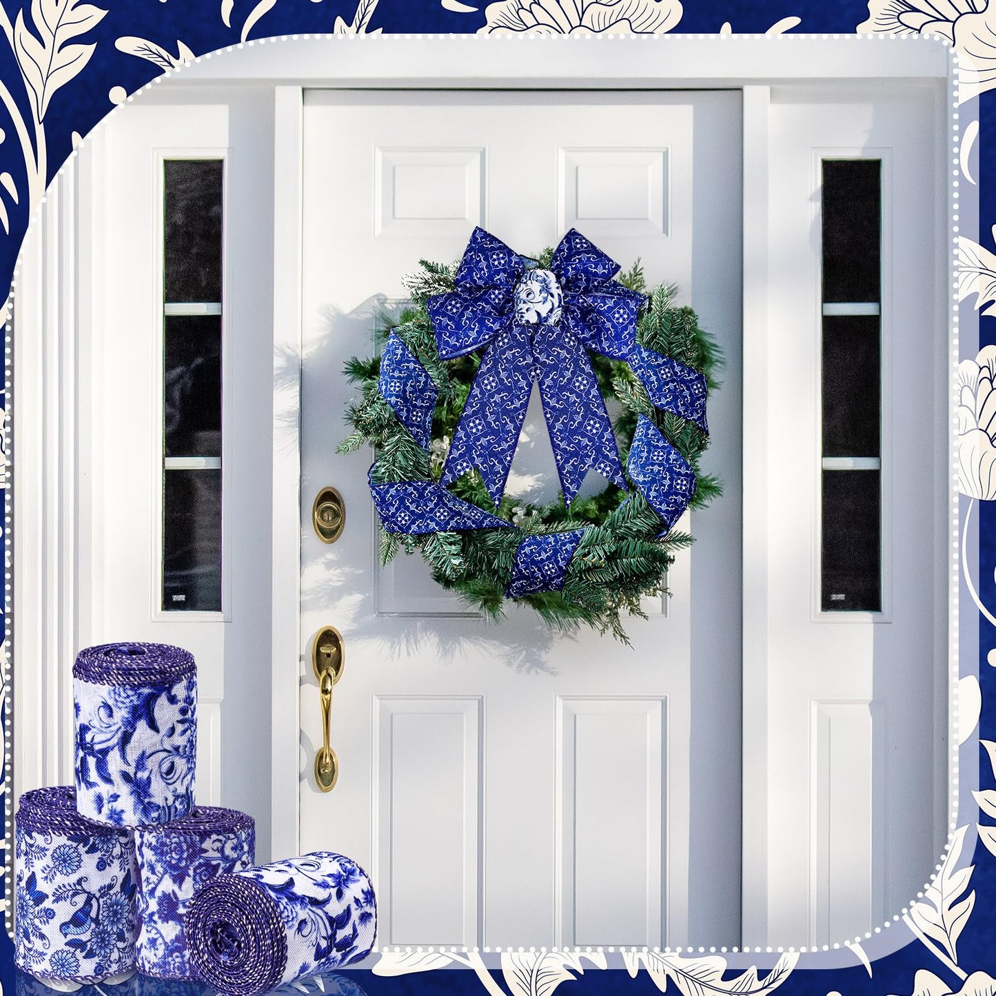 6 Rolls Christmas Chinoiserie Ribbon White and Blue Wired Edge Floral Ribbon Butterfly Flower Pattern Fabric Craft Wreath Bow Wrapping 2.52 Inches by 5 Yards