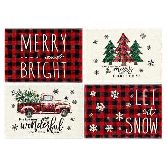 Merry and Bright Buffalo Plaid Christmas Placemats for Dining Table, 12 x 18 Inch Seasonal Winter Watercolor Truck Xmas Tree Holiday Rustic Vintage Washable Table Mats Set of 4