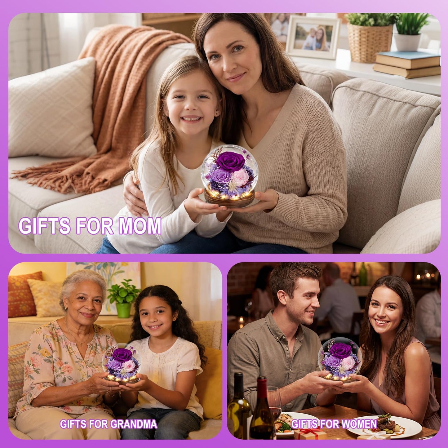 FIACO Gifts for Mom Flowers for Delivery Prime Birthday Gifts for Women Mothers Day Grandma Gifts Forever Preserved Flowers Fresh Eternal Rose in Glass Dome for Girlfriend Wife Her