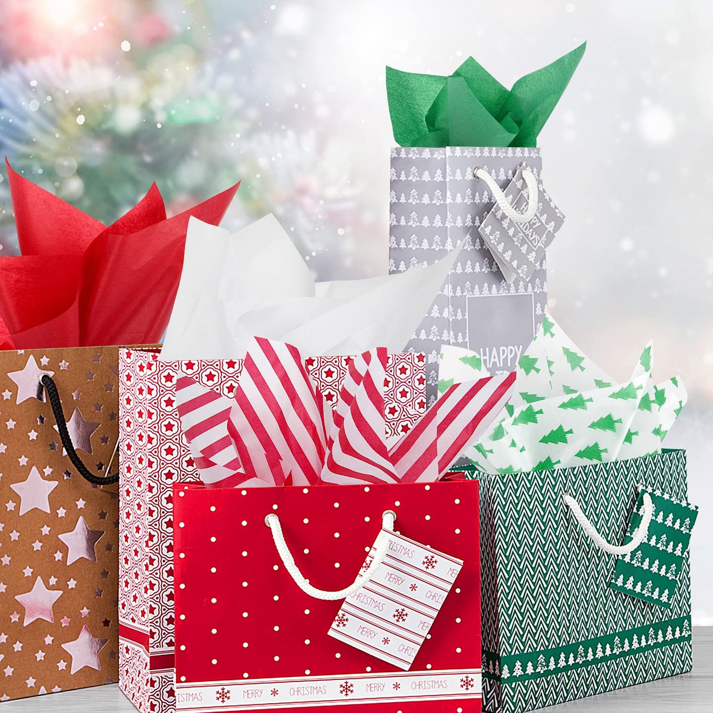 Christmas Tissue Paper Gift Wrapping Paper, 120 Sheets, 13.5" X 19.5", White, Red, Green, Red Stripe, Christmas Trees Design