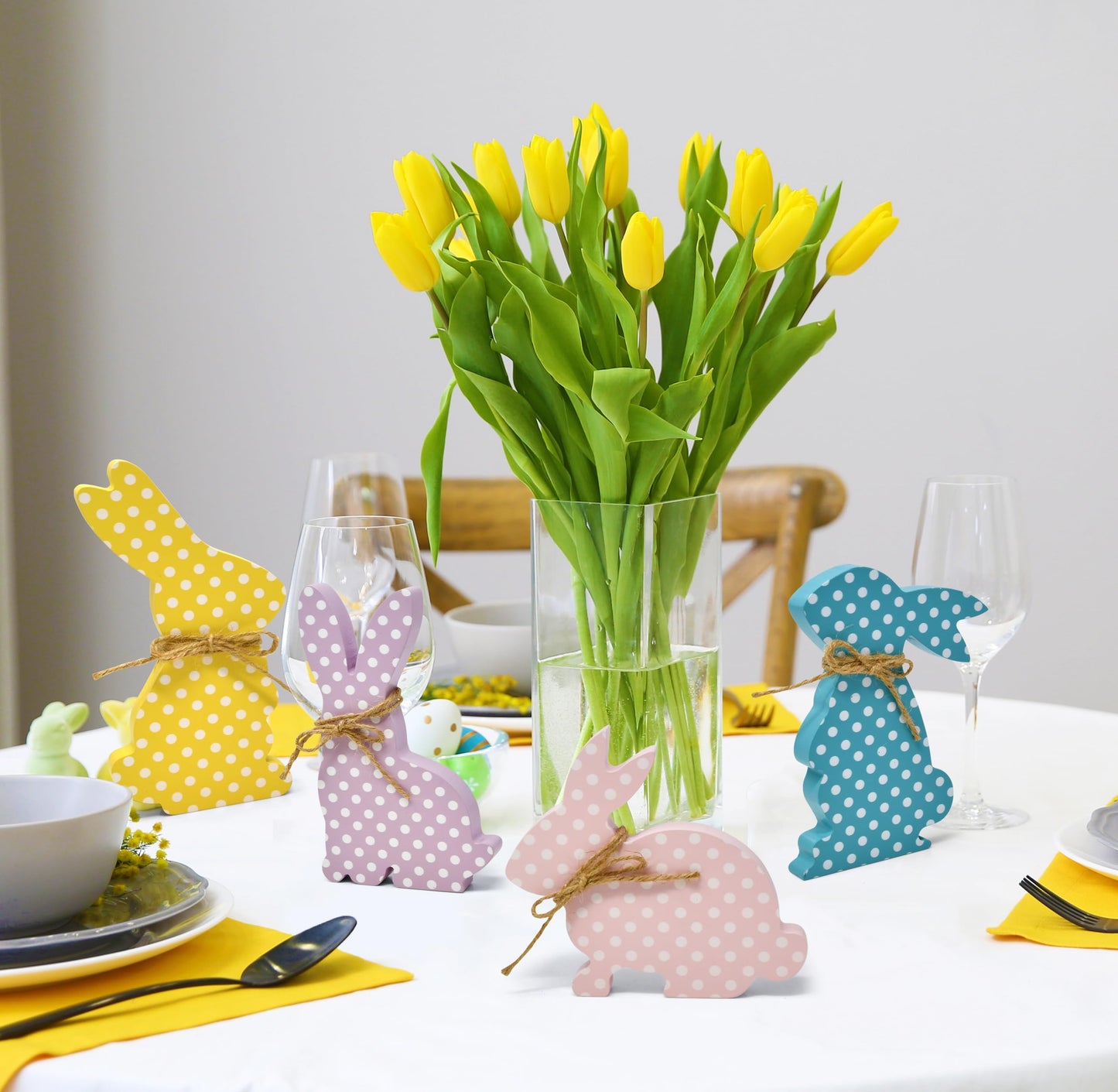 Gift Boutique Easter Bunny Table Decoration Centerpiece 4 Designs Decorative Wooden Spring Shaped Pastel Bunnies Rabbit Table Top Sign Decor Wood Tabletop for Office Dining Room Party Supplies